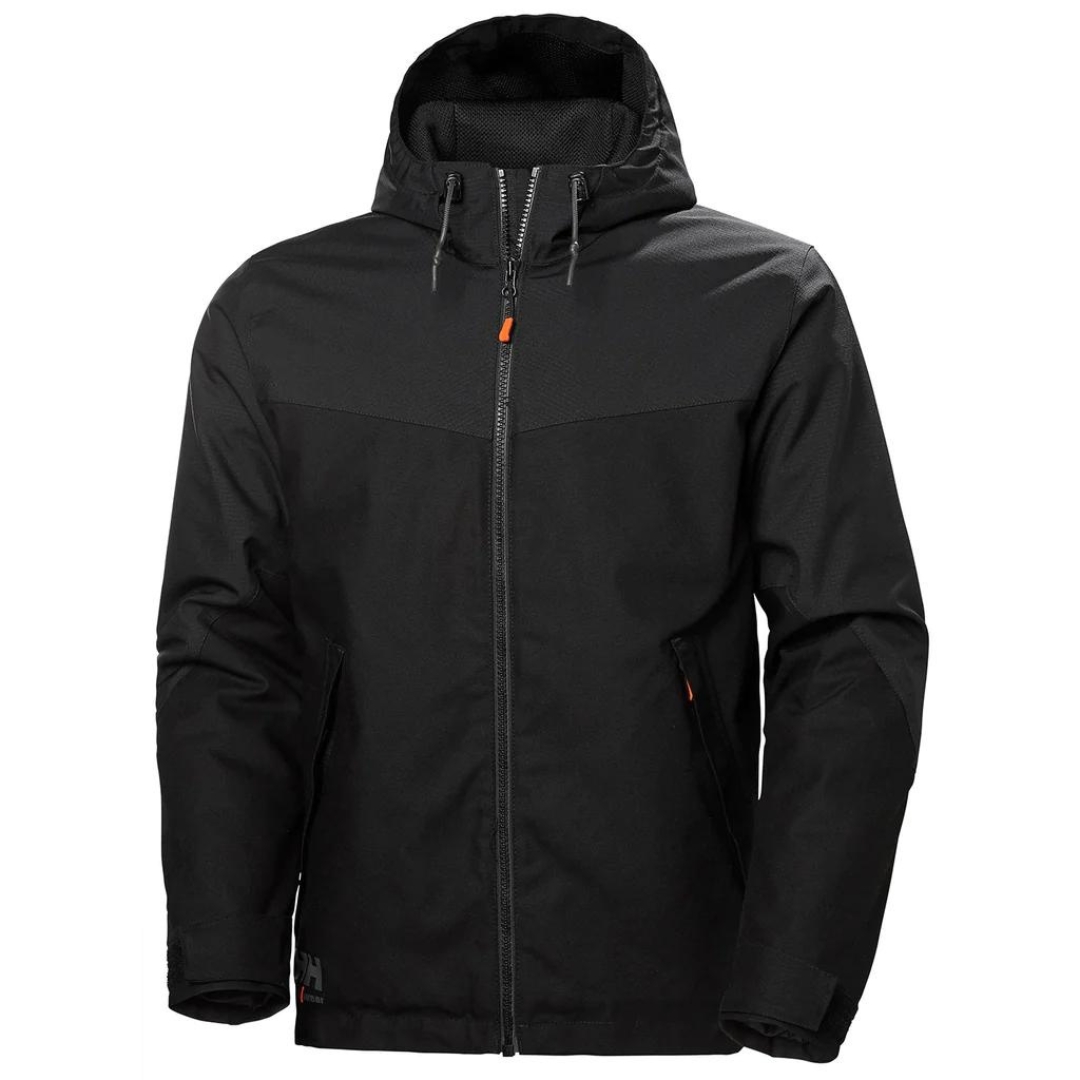 MANTEAU D'HIVER ISOLÉ DE TRAVAIL HELLY HANSEN WORKWEAR OXFORD COULEUR BLACK VU DE DEVANT FERMETURE ÉCLAIR PLEIN LONGUEUR CORDON DE SERRAGE DE LA CAPUCHE