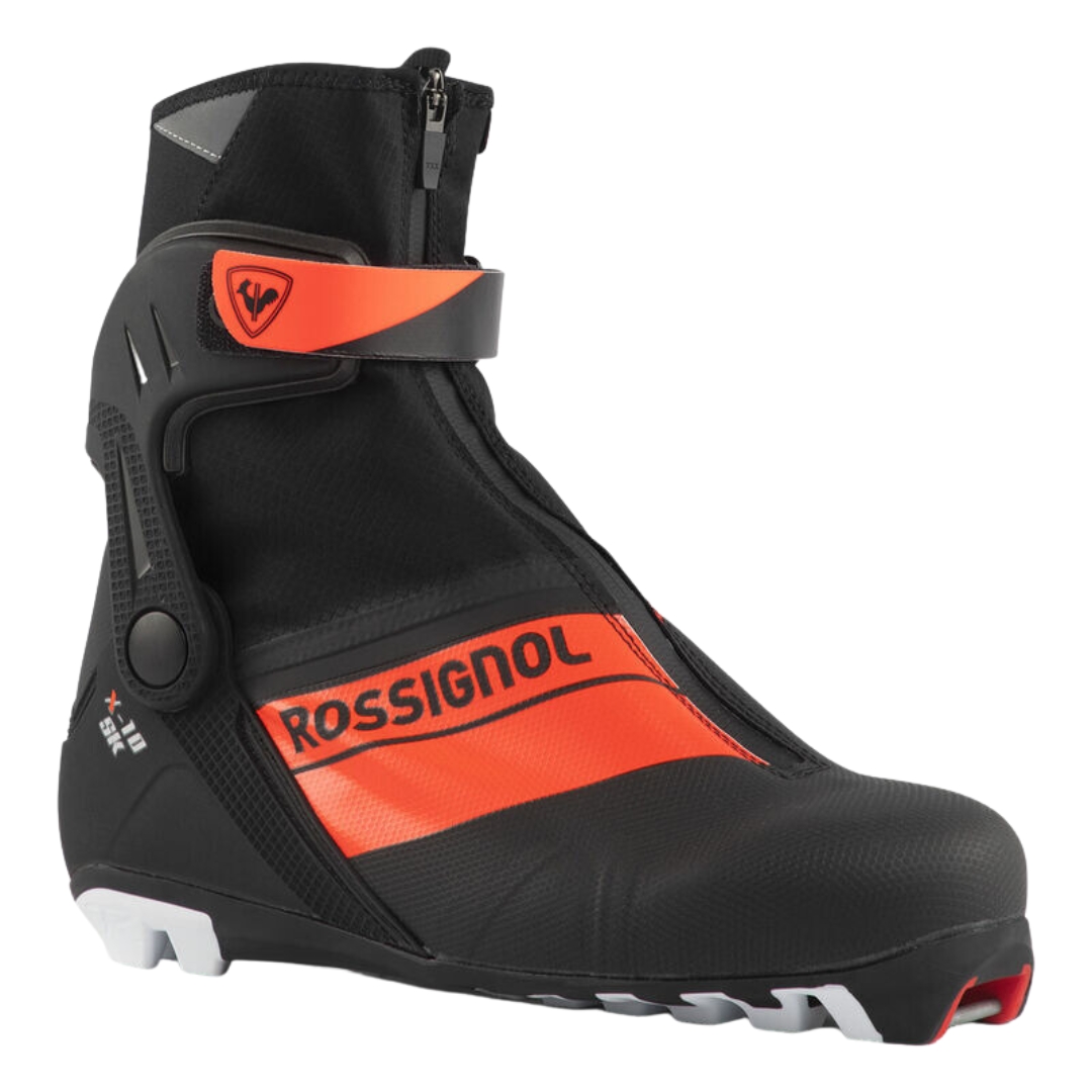 BOTTE DE SKI DE FOND ROSSIGNOL X-10 SKATE UNISEXE vue de la botte noire, orange et blanche de profil droit