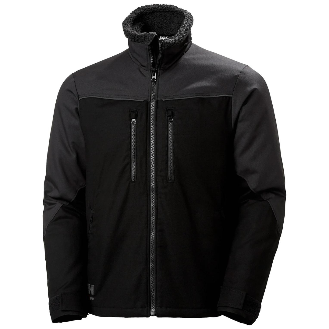 MANTEAU DE TRAVAIL DOUBLÉ HELLY HANSEN WORKWEAR OXFORD couleur black/ebony vu de face manteau entièrement noir on voit les deux textures des matières, les fermetures éclaires des 4 poches extérieures ainsi que le logo hh workwear au bas droit de la veste