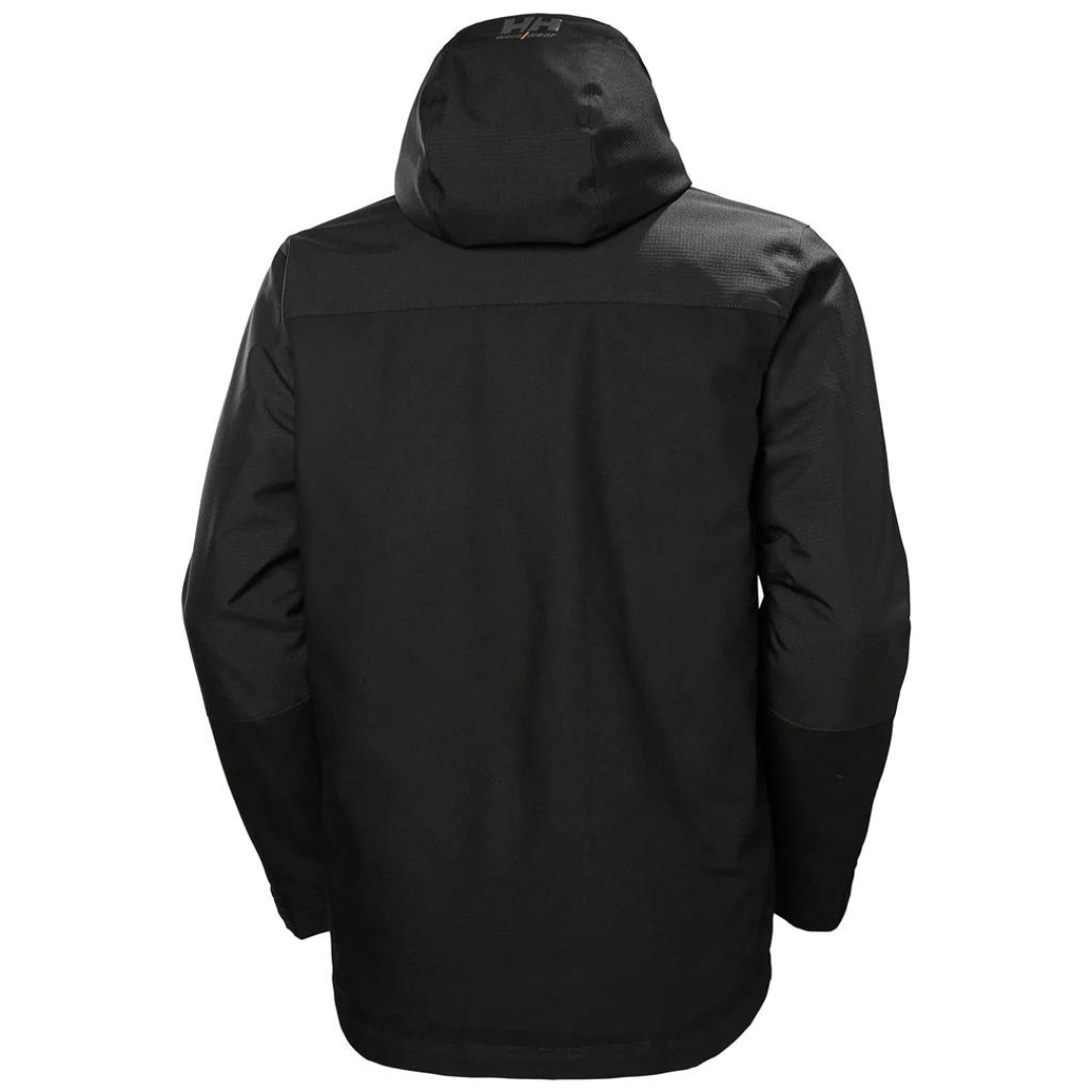 MANTEAU D'HIVER ISOLÉ DE TRAVAIL HELLY HANSEN WORKWEAR OXFORD COULEUR BLACK VU DE DOS MANTEAU SANS COUTURE AUX ÉPAULES COMPLETEMENT NOIR UNI AU DOS