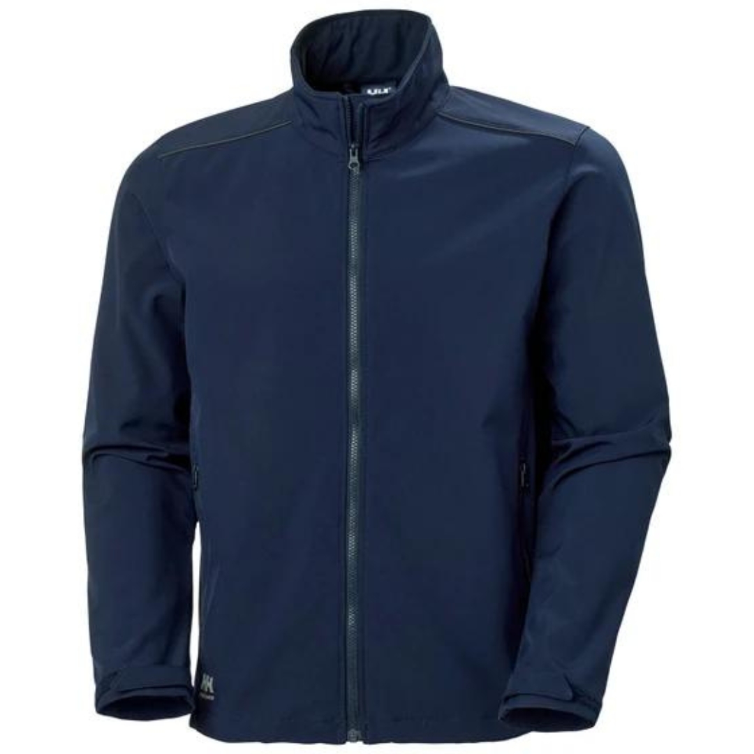 COQUILLE SOUPLE DE TRAVAIL HELLY HANSEN WORKWEAR MANCHESTER 2.0 couleur navy vu de face fermeture éclair ykk pleine longueur au devant logo hh au bas droit du manteau poignet ajustable visible