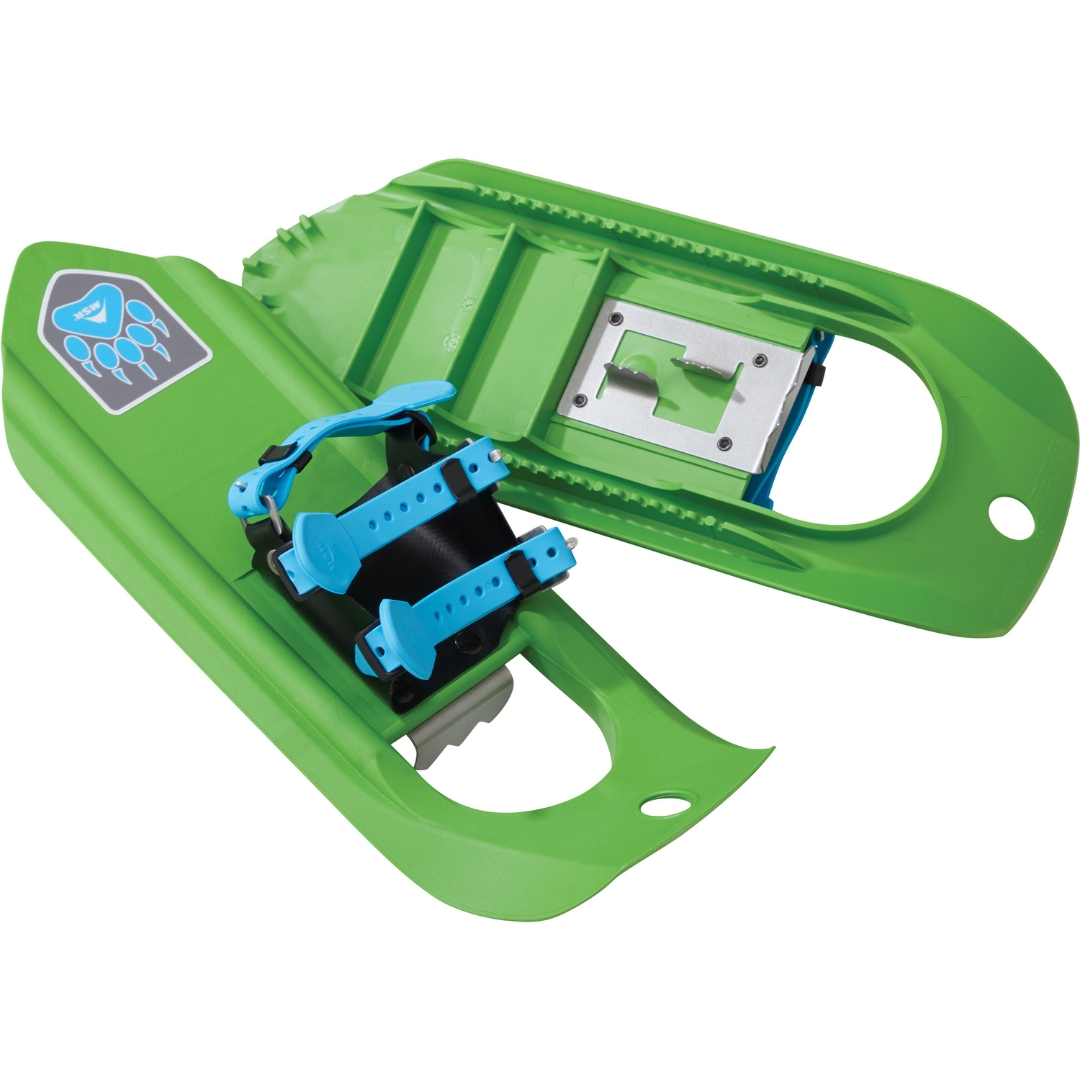 RAQUETTE À NEIGE MSR TYKER POUR ENFANT couleur dino green vue d'une raquette du dessus et l'autre du dessous les raquette sont vertes et bleues