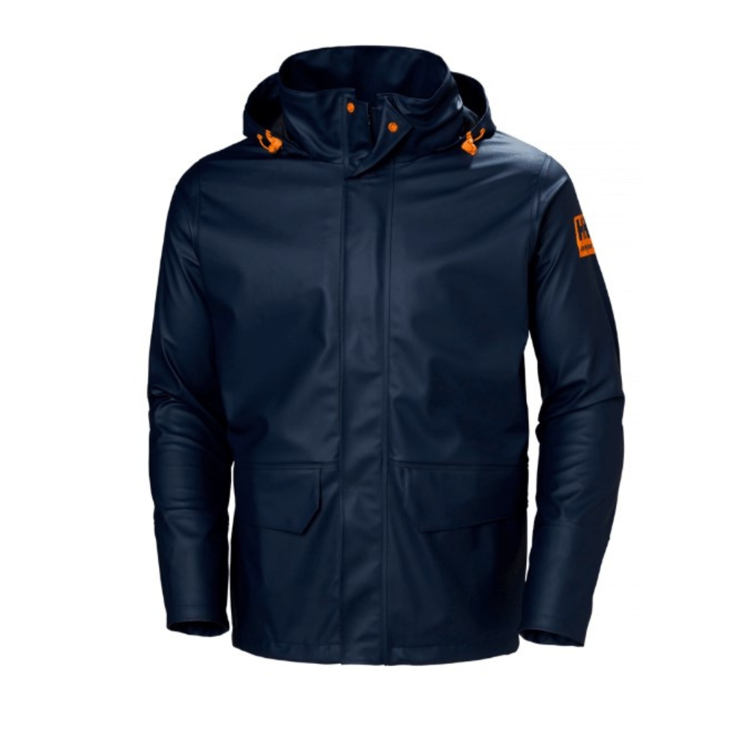 MANTEAU DE TRAVAIL IMPERMÉABLE HELLY HANSEN WORKWEAR GALE POUR HOMME COULEUR NAVY VUE DE FACE CORDON DE SERRAGE DE A CAPUCHE, BOUTONS PRESSION AU RABAT ET LOGO À LA MANCHE GAUCHE TOUS DE COULEUR ORANGÉ SUR LLE MANTEAU BLEU MARIN POCHE NAPOLÉON AU DEVANT VISIBLES