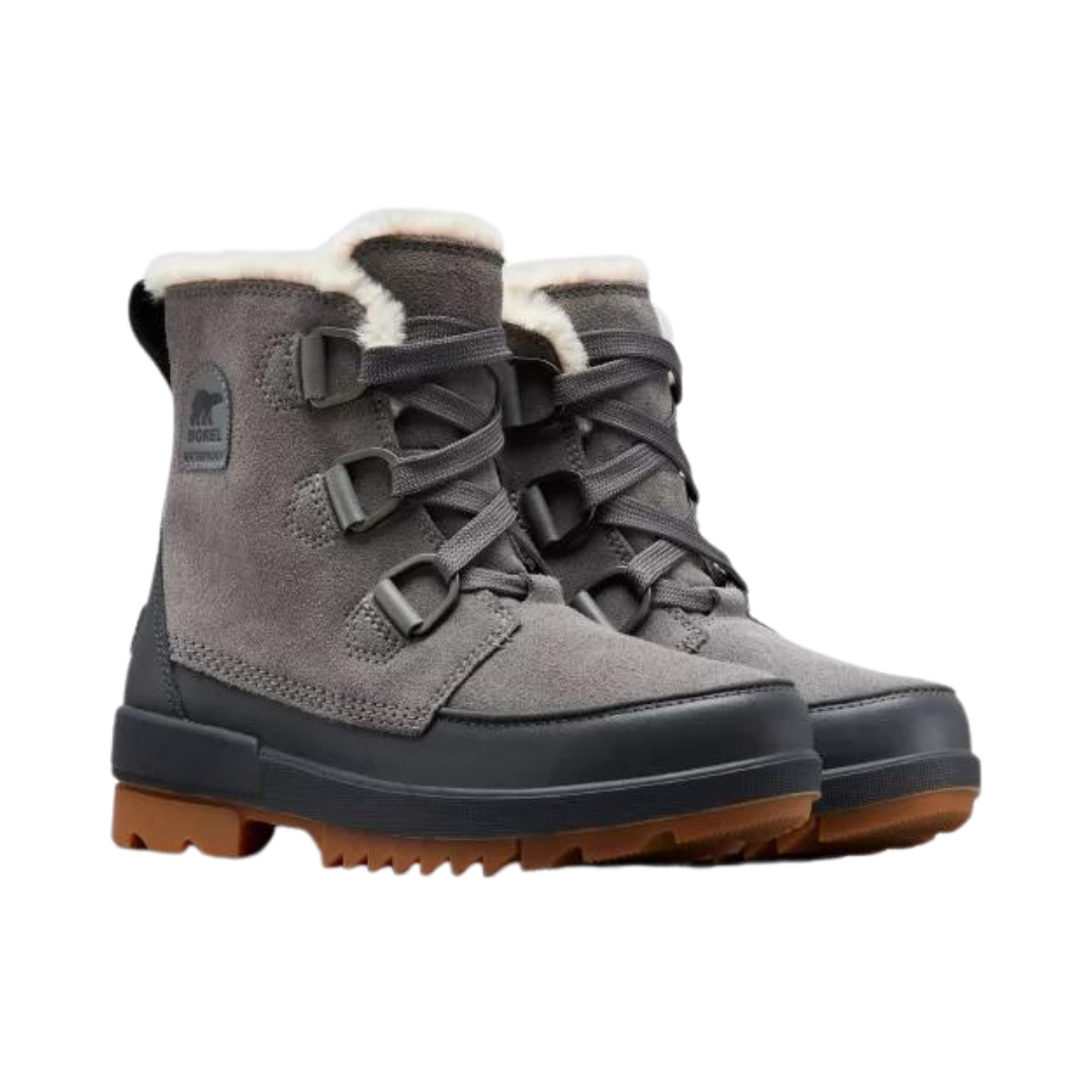 BOTTE D'HIVER IMPERMÉABLE SOREL TIVOLI IV POUR FEMME couleur 052-QUARRY vue des bottes grise foncé, grise et brune de profil avant droit