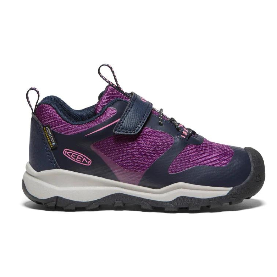 CHAUSSURE DE SPORT IMPERMÉABLE KEEN WANDURO LOW POUR ENFANT couleur SKY CAPTAIN/CHARISMA vue la chaussure mauve fushia et grise de profil droit