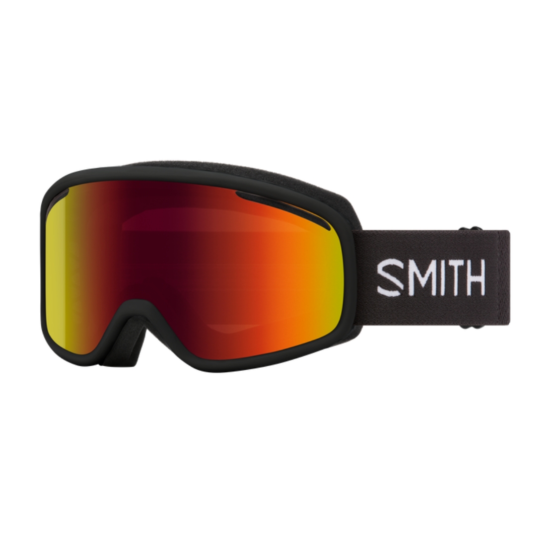 LUNETTE DE SKI ALPIN SMITH OPTICS VOGUE POUR FEMME couleur BLACK/RED SOL-X MIRROR vue de la lunette noire avec lentille rouge dégradée jaune miroir avec bande élastique noire lettrée blanche de profil avant gauche