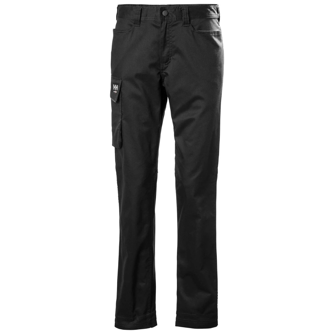 PANTALON DE TRAVAIL HELLY HANSEN WORKWEAR MANCHESTER POUR femme COULEUR BLACK VU DE FACE PANTALON NOIR JAMBE LONGUE POCHES CARGO ET À MAIN VISIBLES