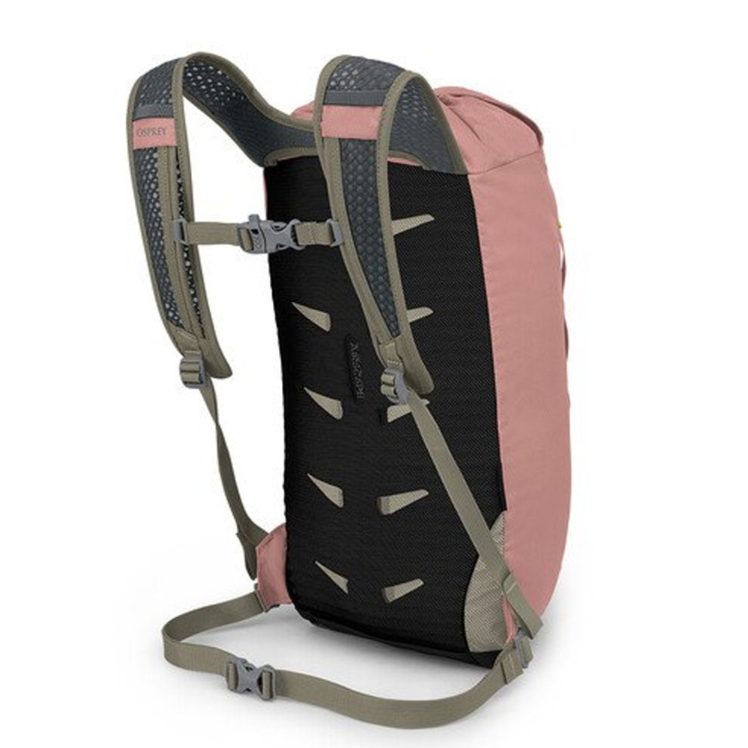 SAC À DOS OSPREY DAYLITE CINTRÉ couleur ASH BLUSH PINK/EARL GREY vu du sac à dos couleur vieux rose de DOS