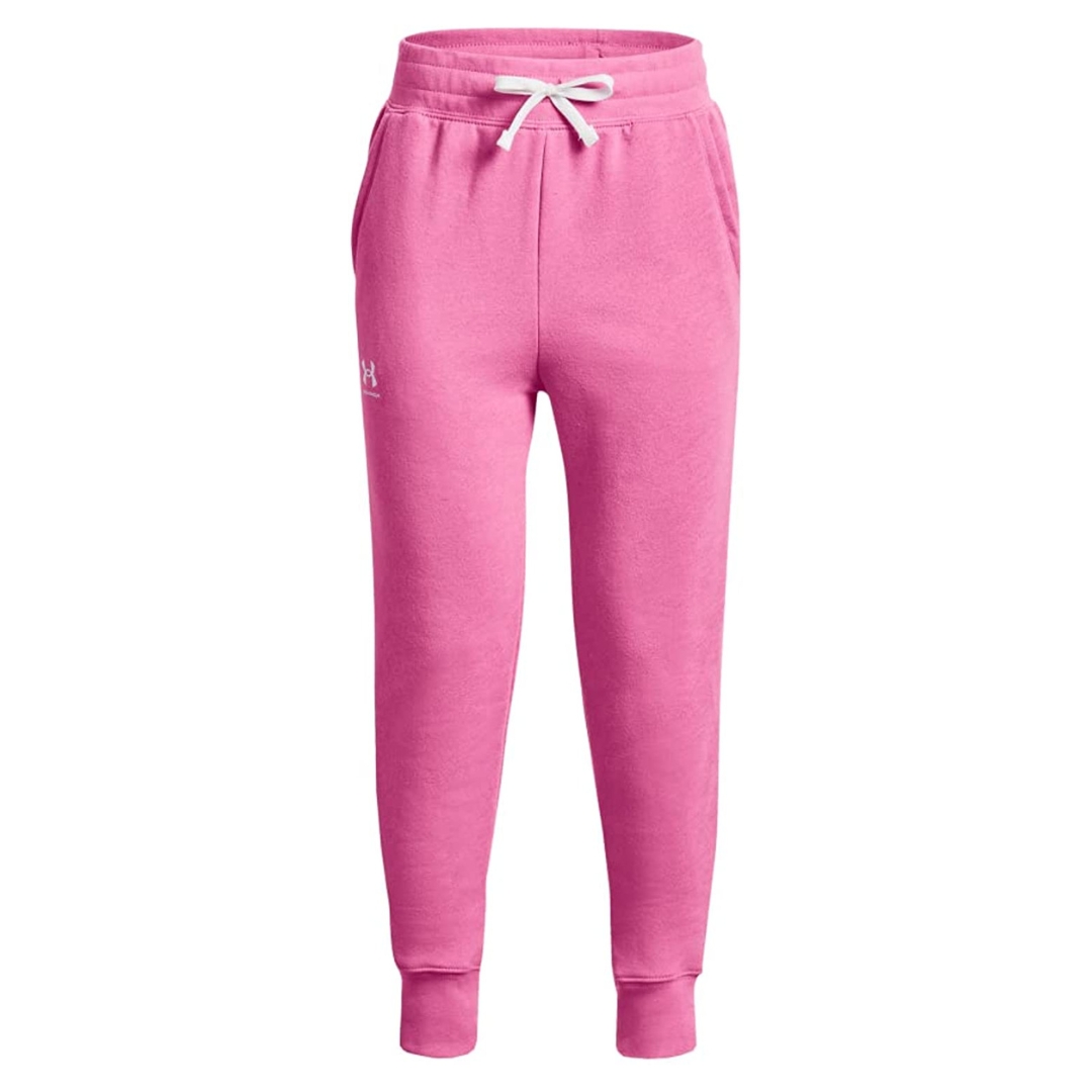 PANTALON JOGGER UNDER ARMOUR UA RIVAL POUR FILLE couleu 659-PINK EDGE/WHITE vu de face logo et nom under armour imprimé à la cuisse droite en blanc sur le pantalon rose. cordon de serrage visible à la taille