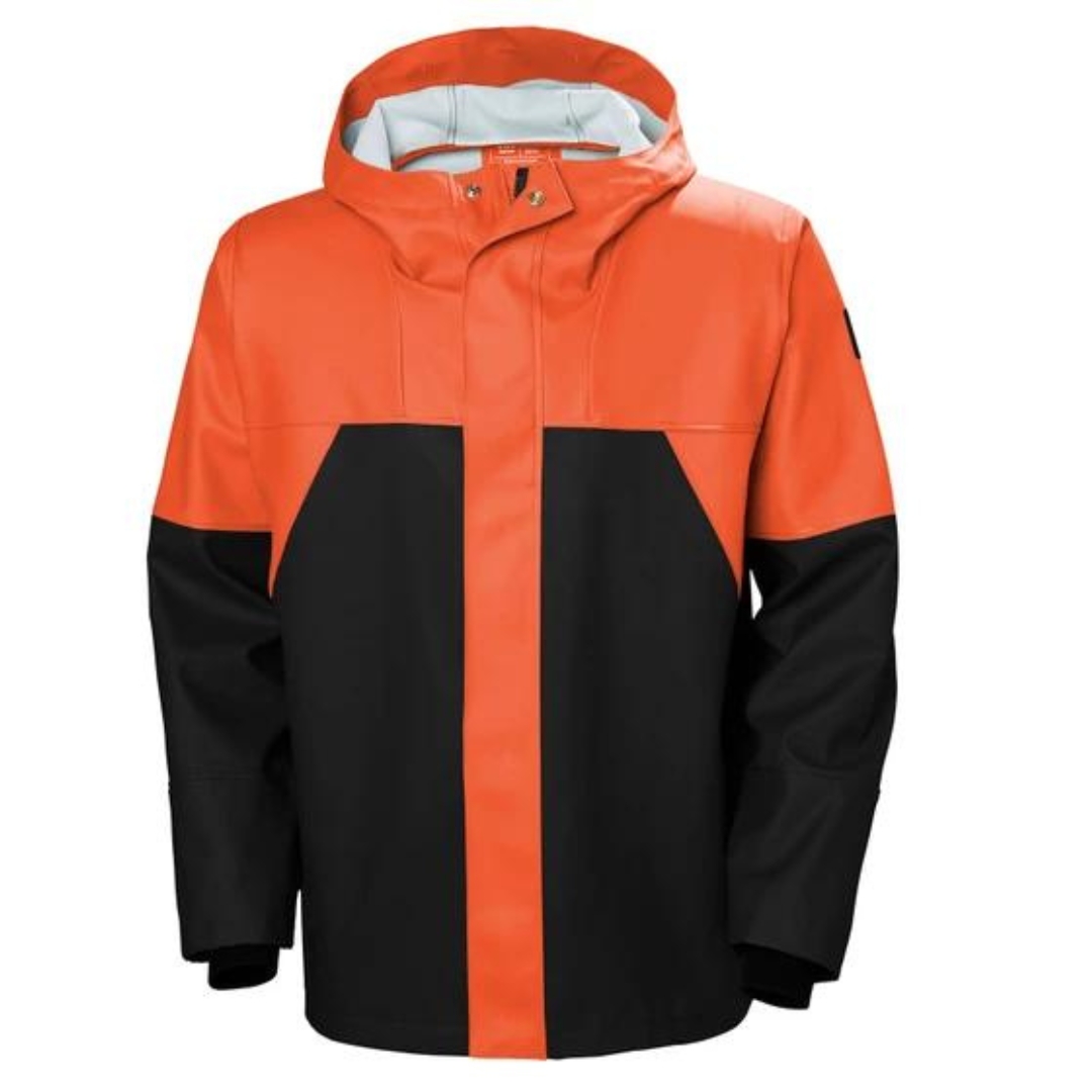 VESTE DE TRAVAIL IMPERMÉABLe HELLY HANSEN WORKWEAR STORM POUR HOMME couleur dark orange/black vue de face rabat tempêche capuchon et haut des épaules de couleur orange, le bas du manteau les avant-bras de couleur noir