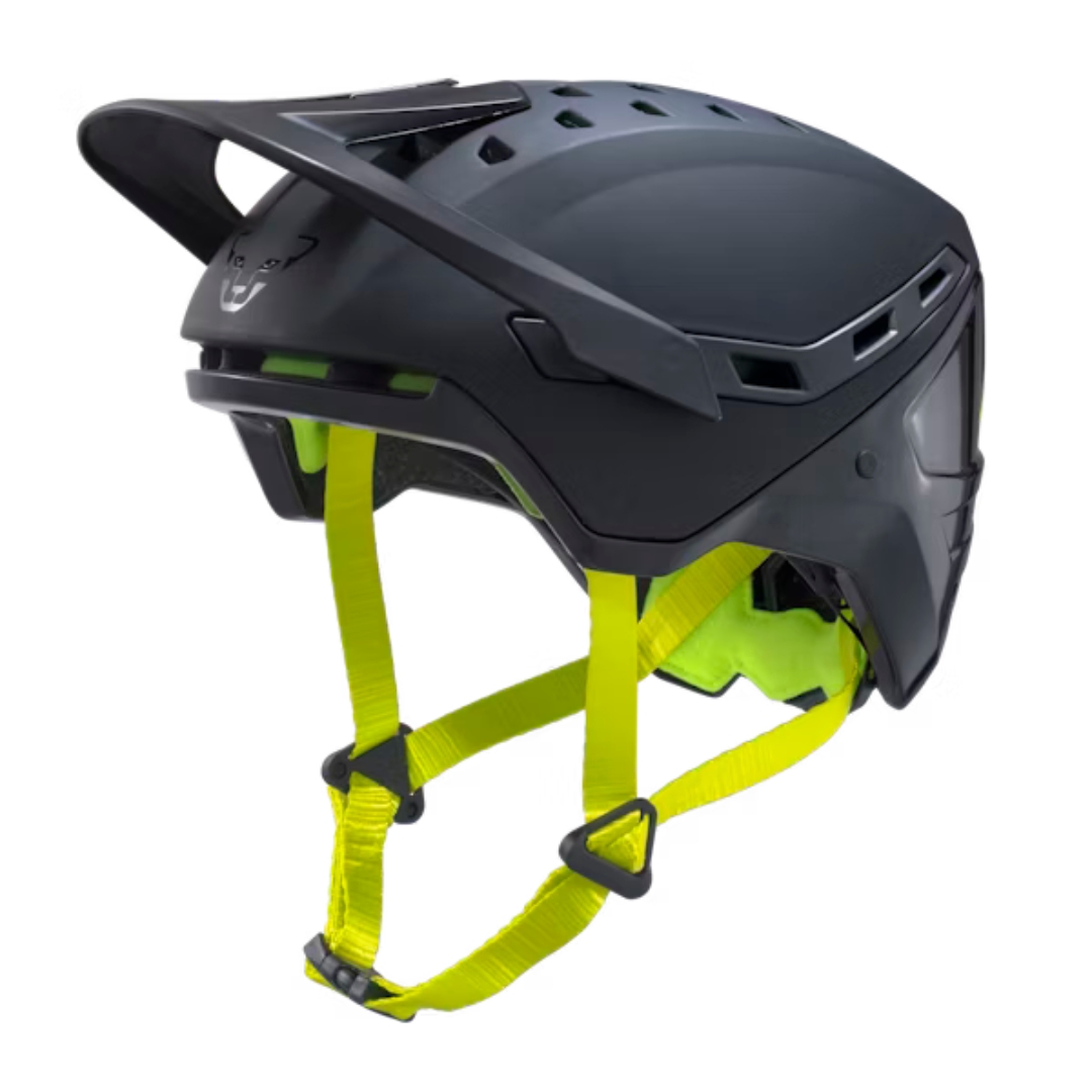 CASQUE DE SKI DE RANDONNÉE DYNAFIT TLT POUR ADULTE couleur 0912-BLACK OUT vu du casque noir et jaune fluo avec sa visière de profil gauche