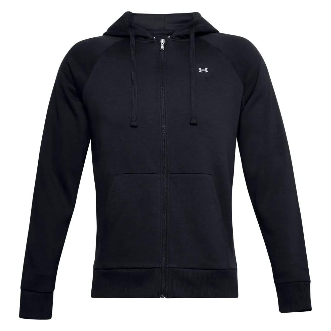 CHANDAIL À CAPUCHON UNDER ARMOUR UA RIVAL FLEECE FULL ZIP POUR HOMME couleur 001-BLACK/ONYX WHITE entrièrement noir orné d'un écusson au logo under armour en noir et blanc à la poitrine gauche fermeturre éclair pleine longueru visible ainsi que les cordons de serrage de la capuche