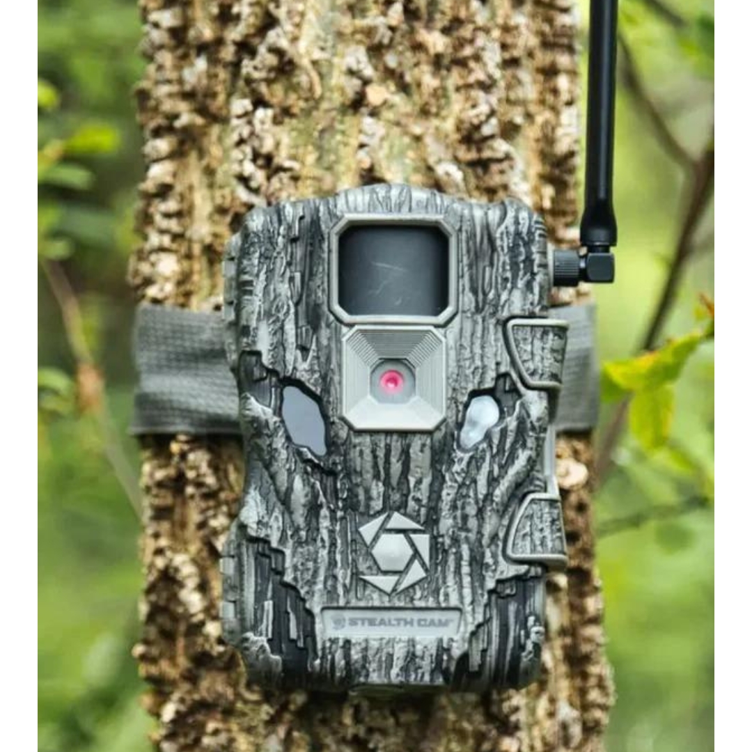 CAMÉRA CELLULAIRE DE CHASSE STEALTH FUSION X 26MP vu de face attachée a un arbre