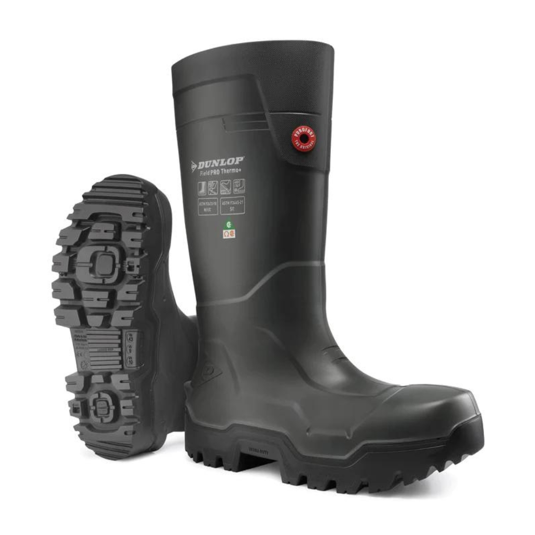 BOTTE DE SÉCURITÉ ISOLÉE ET IMPERMÉABLE DUNLOP FIELDPRO THERMO + FULL SAFETY CSA POUR HOMME COULEUR NOIR VU DE LA BOTTE NOIRE VUE DE PROFIL AVANT DROIT ET UNE VUE SUR LA SEMELLE D'USURE