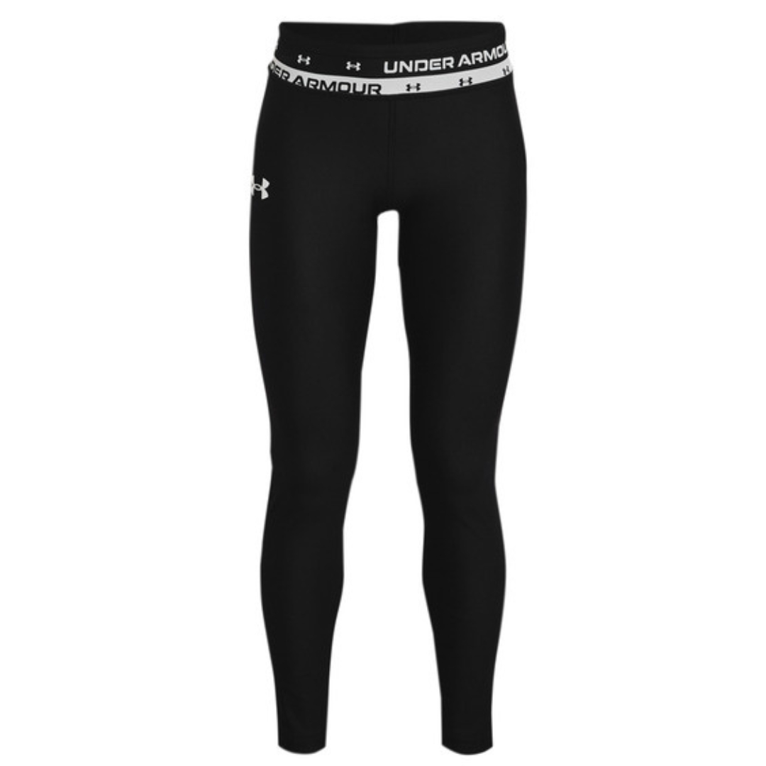 LEGGING LONG UNDER ARMOUR ARMOUR LEGGING POUR FILLE couleur 001-BLACK/WHITE vu de face large bande de taille élastique identifiée du nom et logo under armour en noir et blanc visible ainsi que le logo imprimé sur la cuisse droite en blanc sur le legging noir