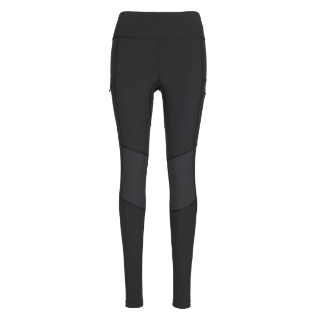 LEGGING D'ENTRAINEMENT RAB HORIZON POUR FEMME couleur black vu de face large bande élastique à la taille renfort aux genoux tissus double densité gris sur le pantalon noir