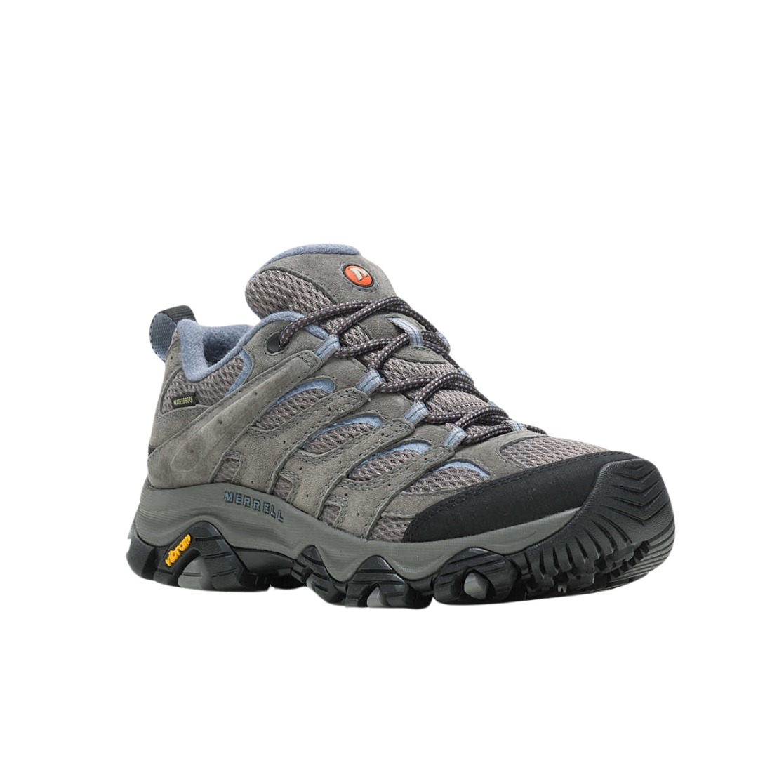 CHAUSSURE DE RANDONNÉE IMPERMÉABLE MERRELL MOAB 3 POUR FEMME couleru granite vu de la chaussure grise et bleue de profil avant droit
