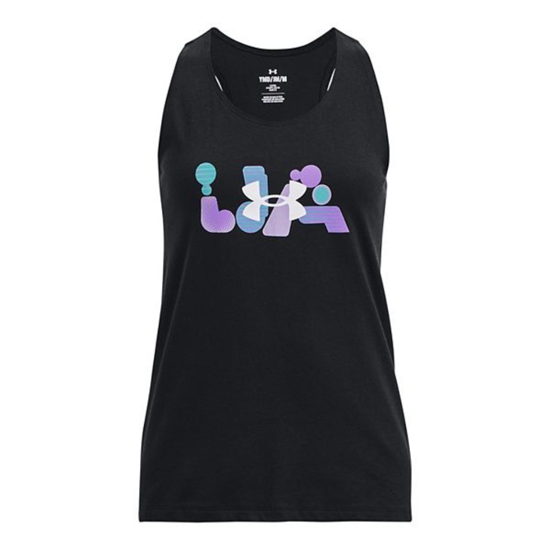 CAMISOLE UNDER ARMOUR UA BUBBLE ABBREVIATION POUR FILLE couleur 5001-BLACK/WHITE vu de face camisole noire avec imprimé du logo en blanc et de l'abréviation UA en bleu, turquoise et lilas au devant central.