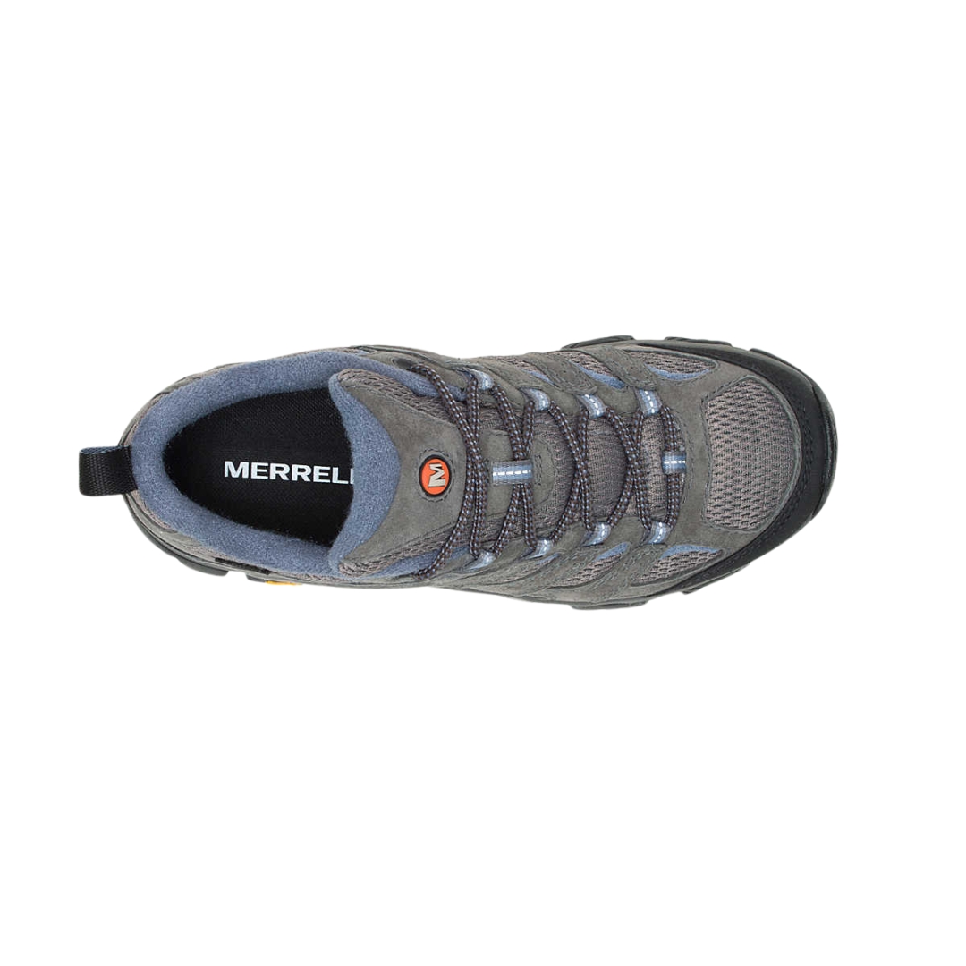 CHAUSSURE DE RANDONNÉE IMPERMÉABLE MERRELL MOAB 3 POUR FEMME couleru granite vu de la chaussure grise et bleue du dessus