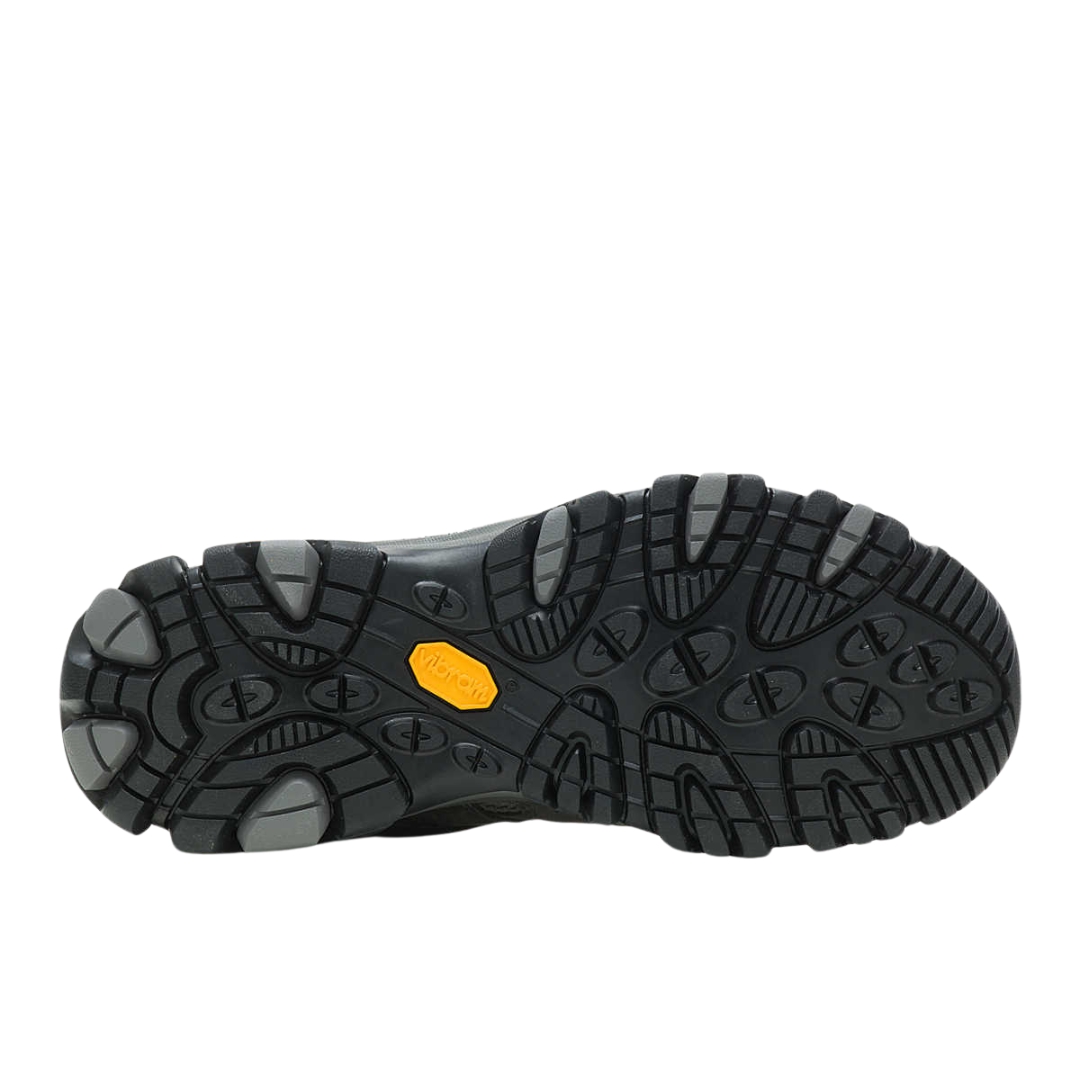CHAUSSURE DE RANDONNÉE IMPERMÉABLE MERRELL MOAB 3 POUR FEMME couleru granite vu de la chaussure grise et bleue vue sur la semelle d'usure