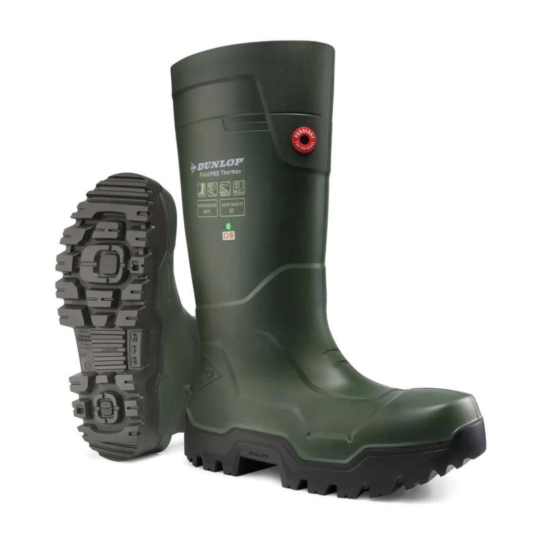 BOTTE DE SÉCURITÉ ISOLÉE ET IMPERMÉABLE DUNLOP FIELDPRO THERMO + FULL SAFETY CSA POUR HOMME couleur vert vue de la botte verte et noire une de profil avant droit et l'autre vue sur la semelle d'usure