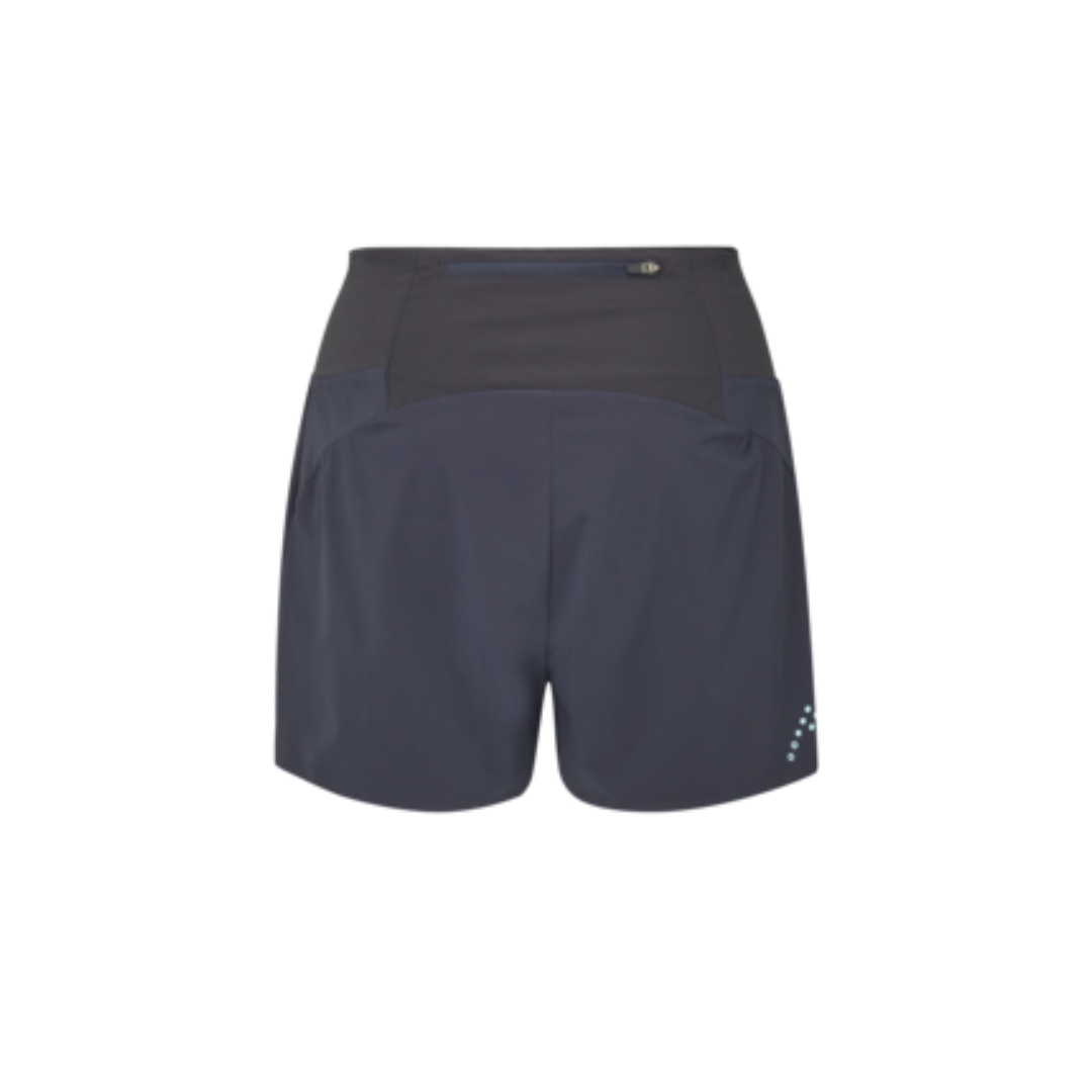 SHORT D'ENTRAINEMENT RAB TALUS TRAIL LIGHT 5'' POUR FEMME couleur ebony short seul vu à plat vue de l,arrière fermeture éclair de la poche de taille visible au haut
