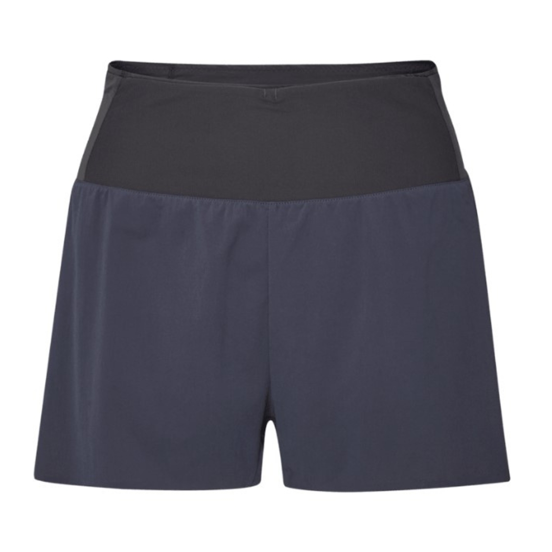 SHORT D'ENTRAINEMENT RAB TALUS TRAIL LIGHT 5'' POUR FEMME couleur ebony short seul vu à plat de devant bande élastique de taille noire visible sur le short gris