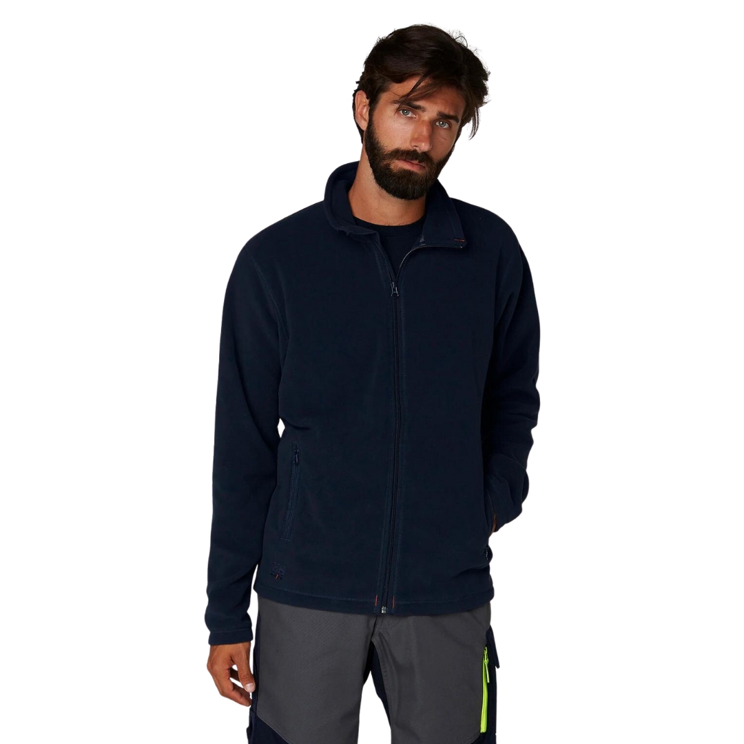 VESTE EN LAINE POLAIRE HELLY HANSEN WORKWEAR OXFORD POUR HOMME couleur navy vue de la veste bleu marine à manches longues portée par un homme vu de la tête aux cuisses de face