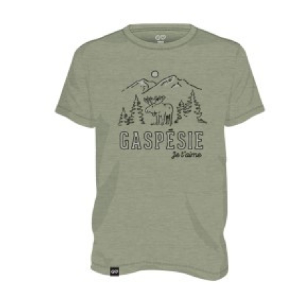 T-SHIRT GASPÉSIE JE T’AIME LOGO orignal POUR HOMME couleur vert militaire cendré