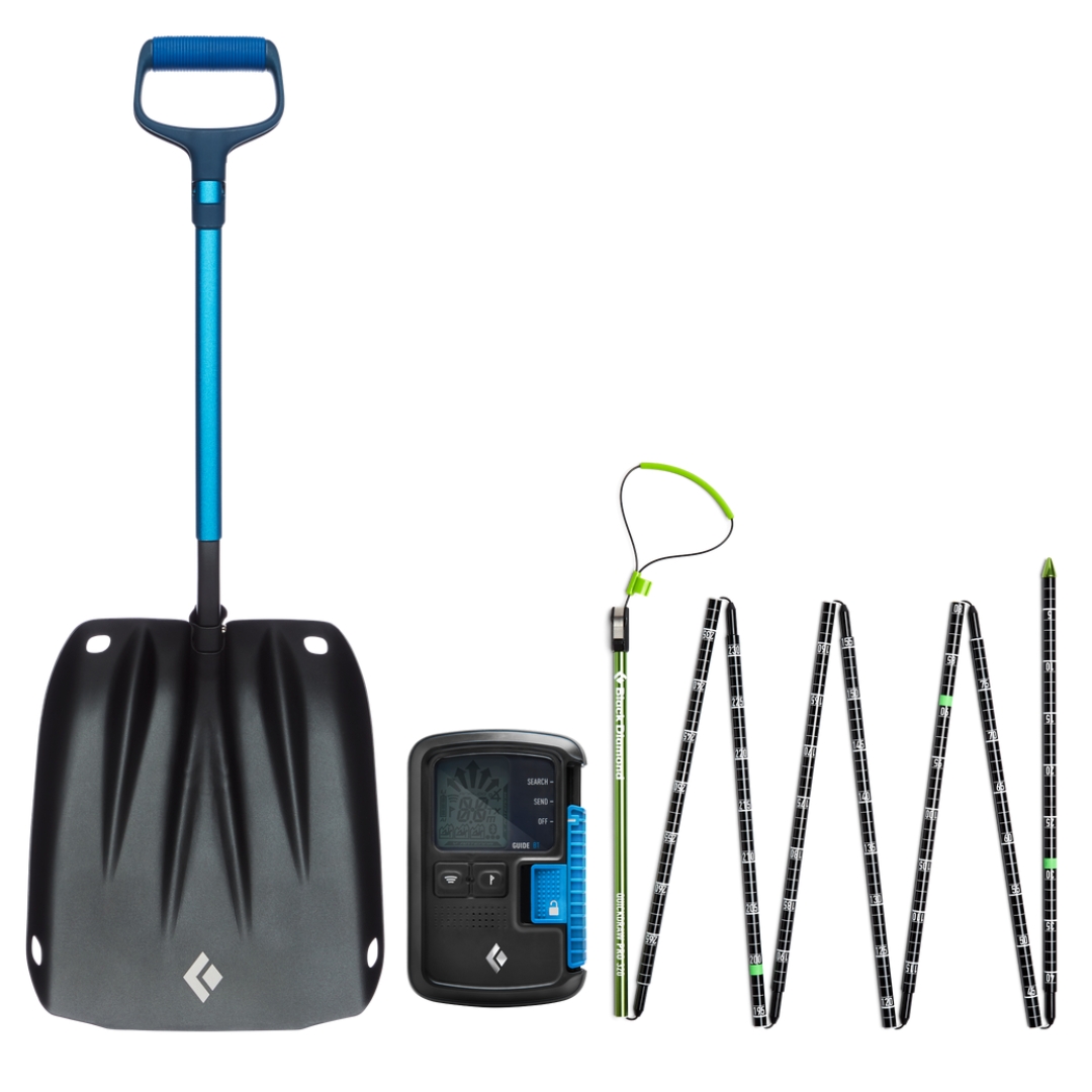 ENSEMBLE DE MATÉRIEL D’AVALANCHE BLACK DIAMOND GUIDE SAFETY SET vu des 3 morceaux compris dans l'enseble