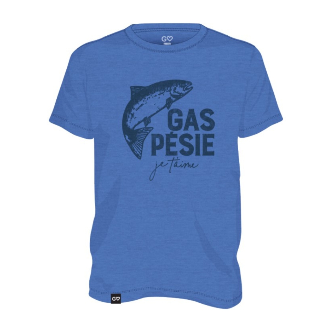 T-SHIRT GASPÉSIE JE T’AIME LOGO SAUMON POUR HOMME couleur bleu royal cendré