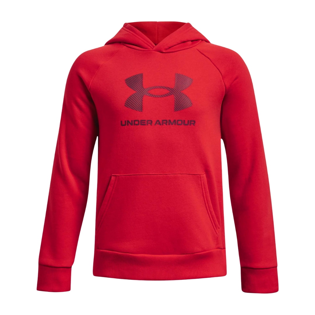 CHANDAIL À CAPUCHON UNDER ARMOUR UA RIVAL AVEC LOGO IMPRIMÉ POUR JUNIOR couleur red/dark maroon vu du chandail rouge de face