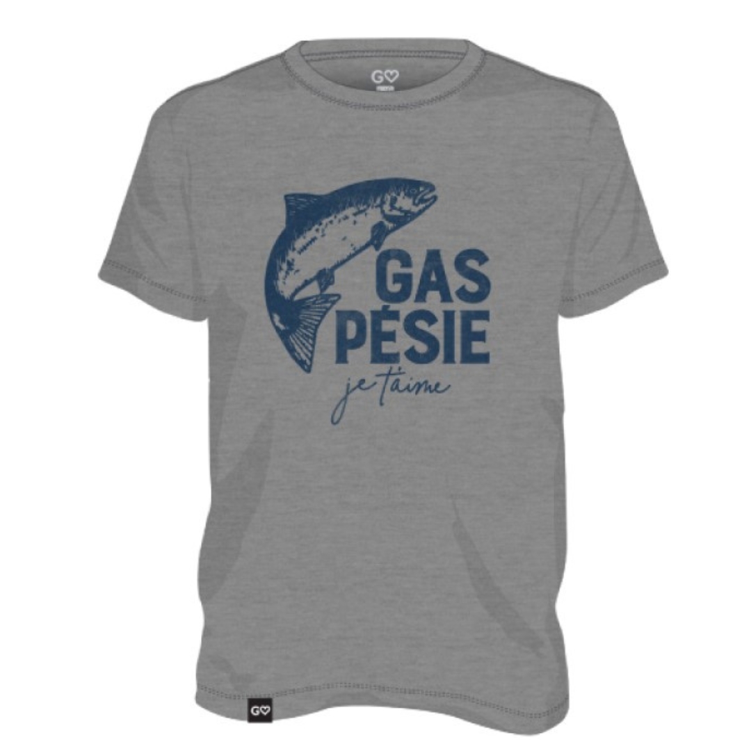 T-SHIRT GASPÉSIE JE T’AIME LOGO SAUMON POUR HOMME couleur graphite cendré