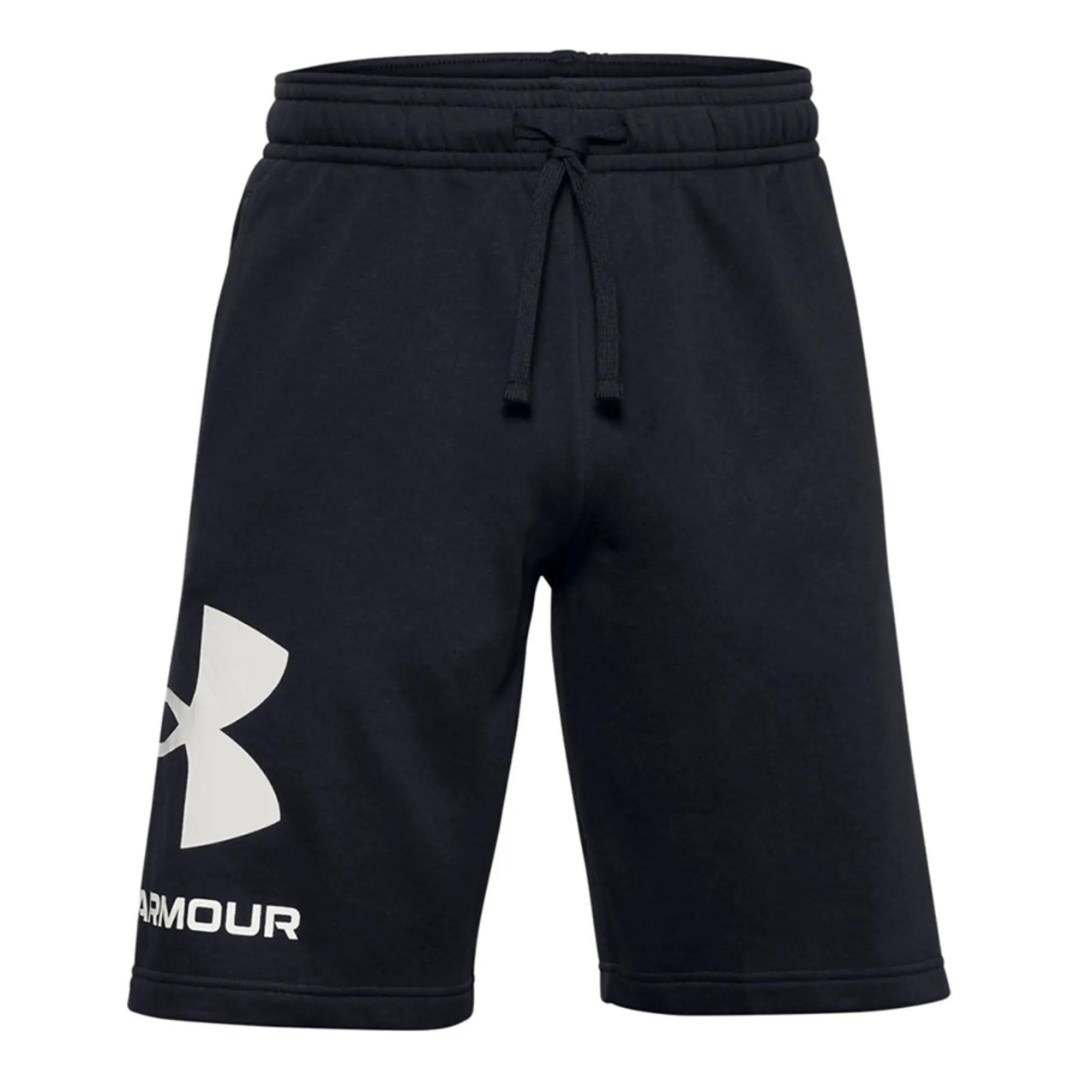 SHORT UNDER ARMOUR UA RIVAL FLEECE BIG LOGO POUR HOMME COULEUR 001-BLACK/ONYX WHITE VU DE FACE TAILLE ÉLASTIQUE VISIBLE AVEC SON CORDON DE SERRAGE LOGO IMPRIMÉ À LA CUISSE DROITE EN BLANC SUR LE SHORT NOIR