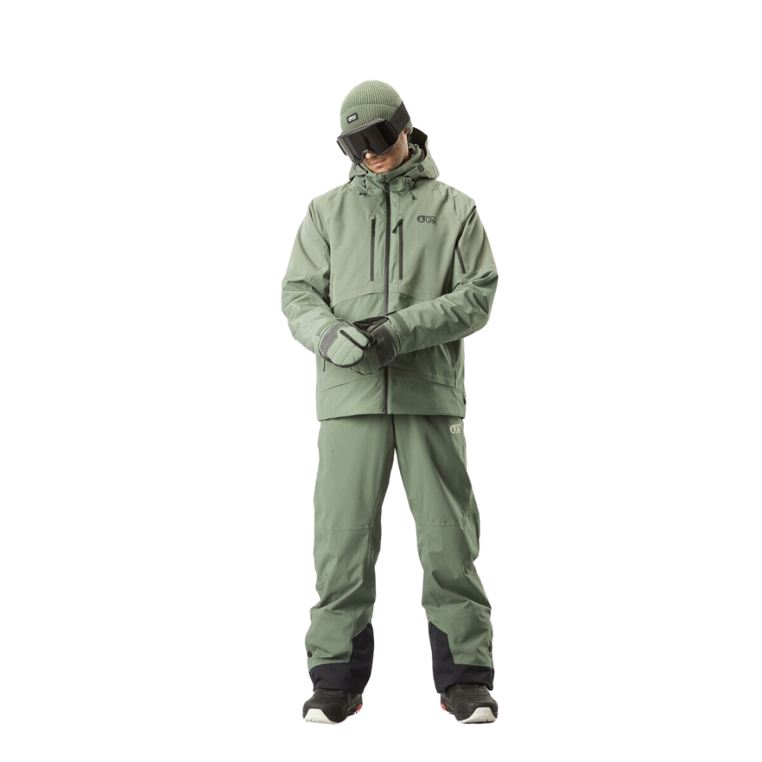 MANTEAU DE SKI PICTURE GOODS POUR HOMME couleur LAUREL WREATH vu du manteau vert tendre porté par un homme vu de la tête aux pieds de face