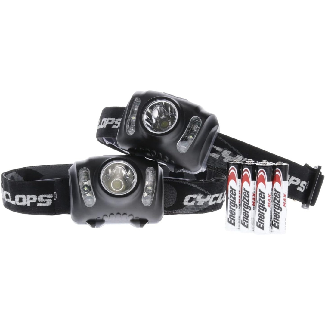 LAMPE FRONTALE CYCLOPS 210 LUMENS (PAQUET DE 2) vue des deux lampes avec les batteries