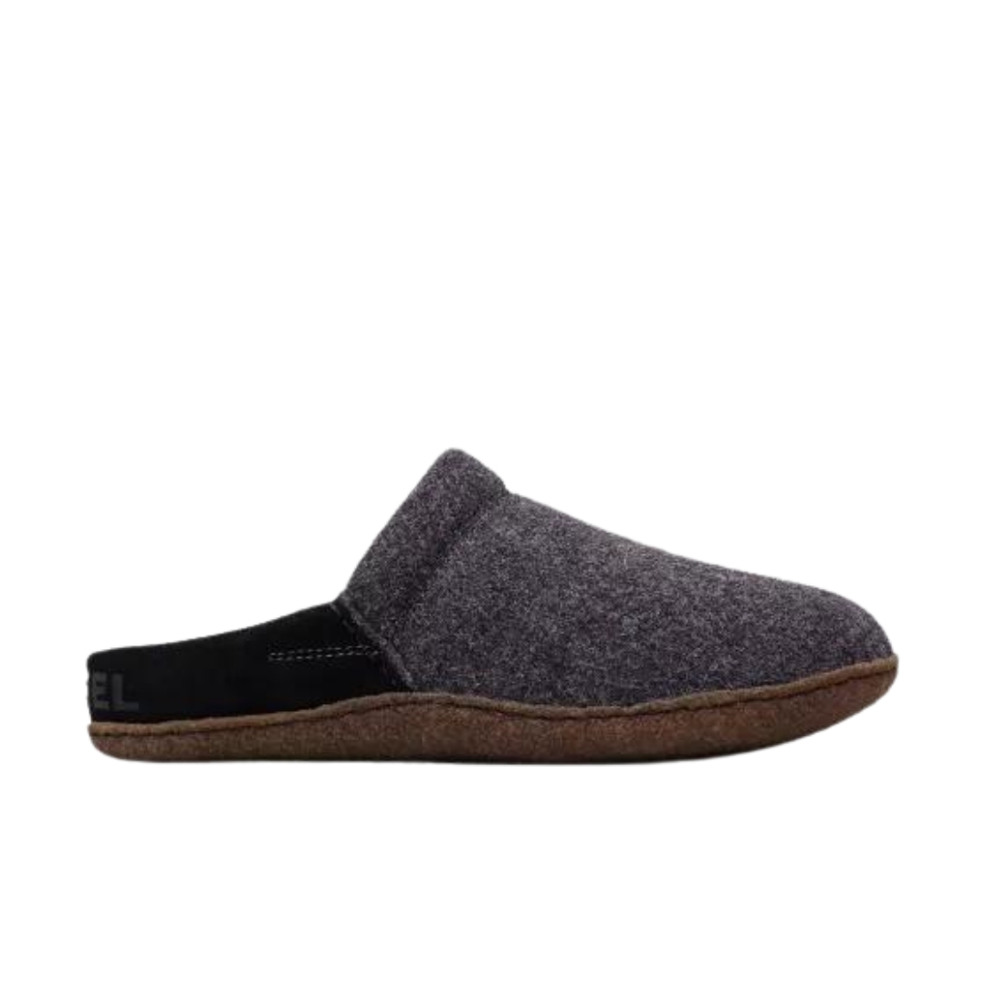PANTOUFLE SOREL NAKISKA SCUFF POUR FEMME couleur 010-BLACK/NATURAL vue de la pantoufle grise foncé, grise pale et la semelle brune de profil droit