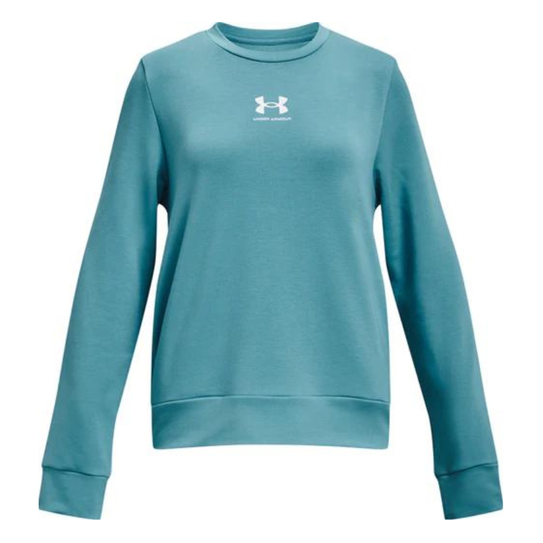 CHANDAIL À MANCHES LONGUES UNDER ARMOUR UA RIVAL TERRY POUR FILLE couleur433-GLACIER BLUE/white vu de face logo et nom under armour imprimé en blanc au devant central, col rond