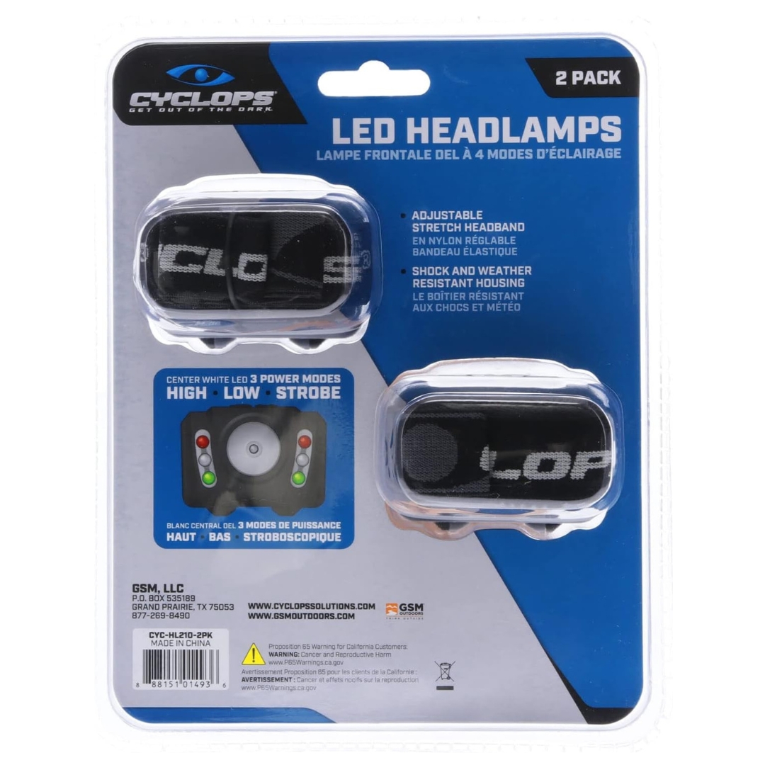 LAMPE FRONTALE CYCLOPS 210 LUMENS (PAQUET DE 2) vue des deux lampes dans l'emballage de vente de dos