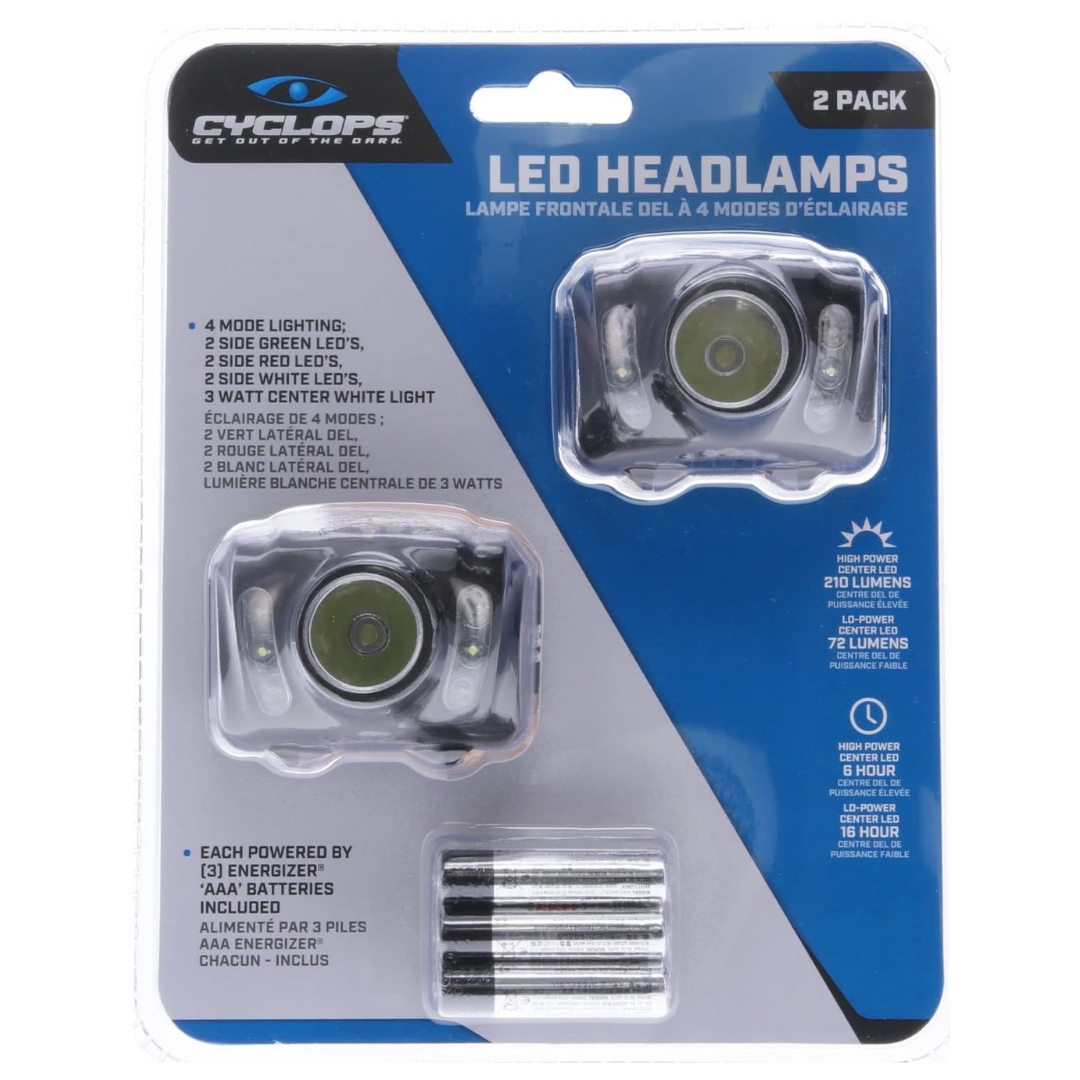 LAMPE FRONTALE CYCLOPS 210 LUMENS (PAQUET DE 2) vue des deux lampes dans l'emballage de vente de face
