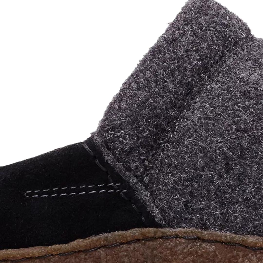 PANTOUFLE SOREL NAKISKA SCUFF POUR FEMME couleur 010-BLACK/NATURAL vue de la pantoufle grise foncé, grise pale et la semelle brune en gros plan sur les coutures