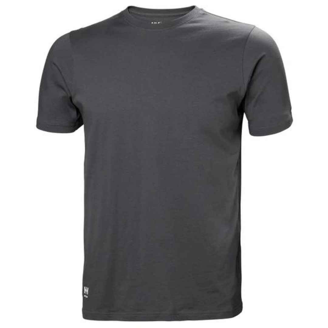 T-SHIRT DE TRAVAIL HELLY HANSEN WORKWEAR CLASSIC couleur dark grey vu de face manches courtes col rond chandail couleur uni orné du logo hh workwear au bas droit