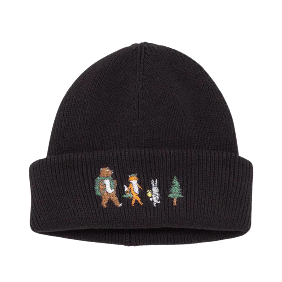 TUQUE TENTREE FOREST WALK POUR ENFANT couuleur METEORITE BLACK/BROWN MULTI vue de la tuque noire de face avec les animaux brodés sur le revers apparents