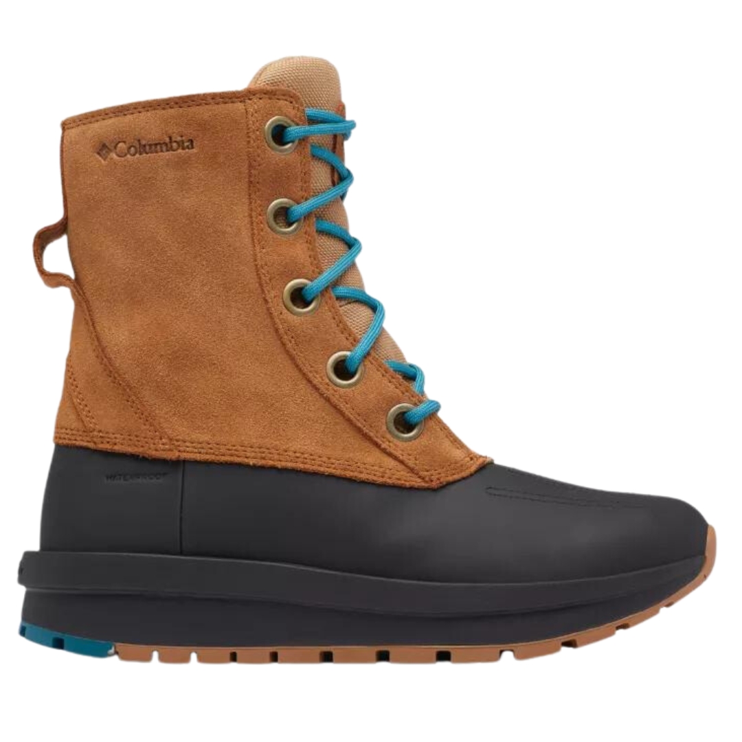 BOTTE D'HIVER COLUMBIA MORITZA SHIELD OMNI-HEAT POUR FEMME couleur 286-ELK/RIVER BLUE vu de la botte droite brune, noir et bleu turquoise de profil droit