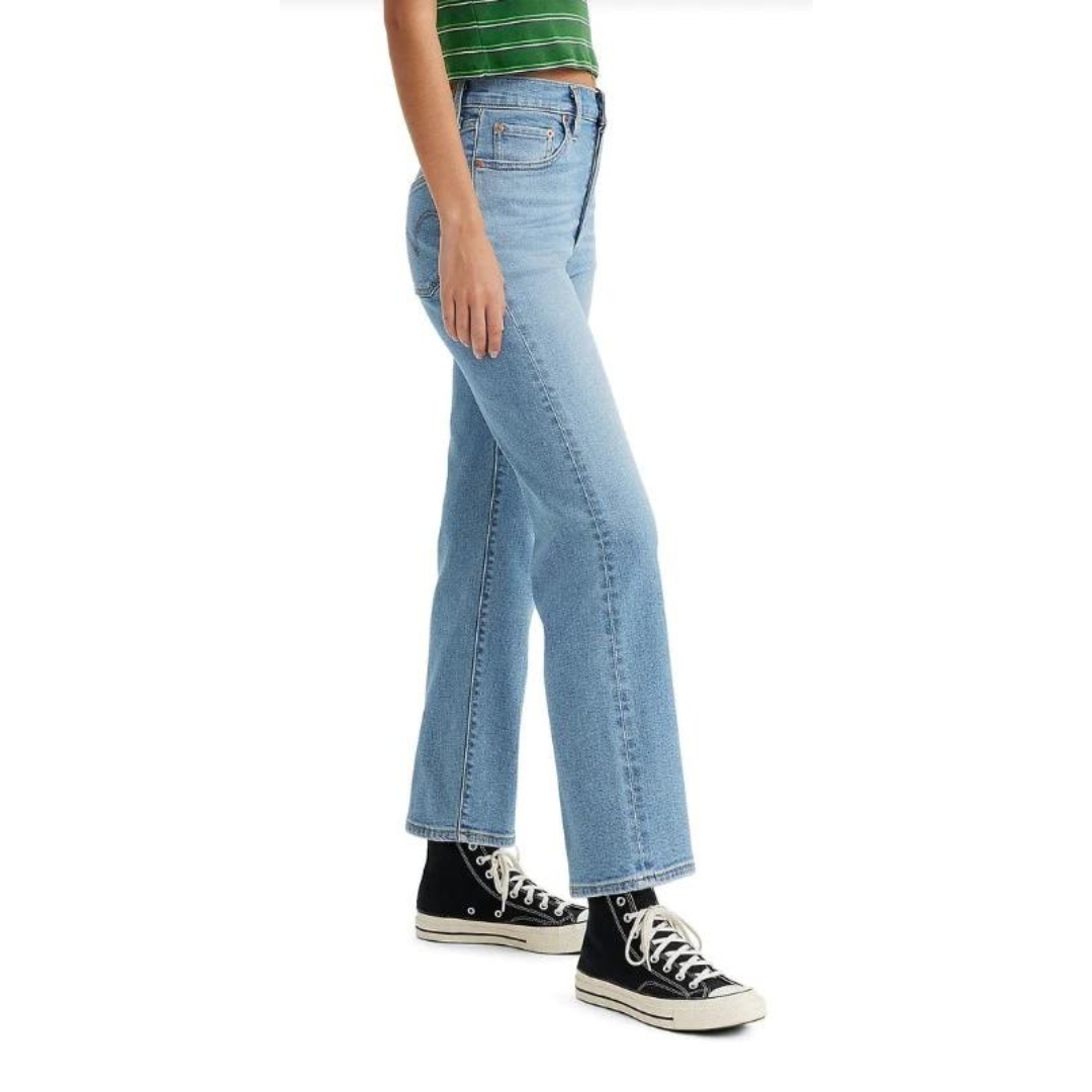 Pantalon type jeans bleu clair taille haute avec jambes droites