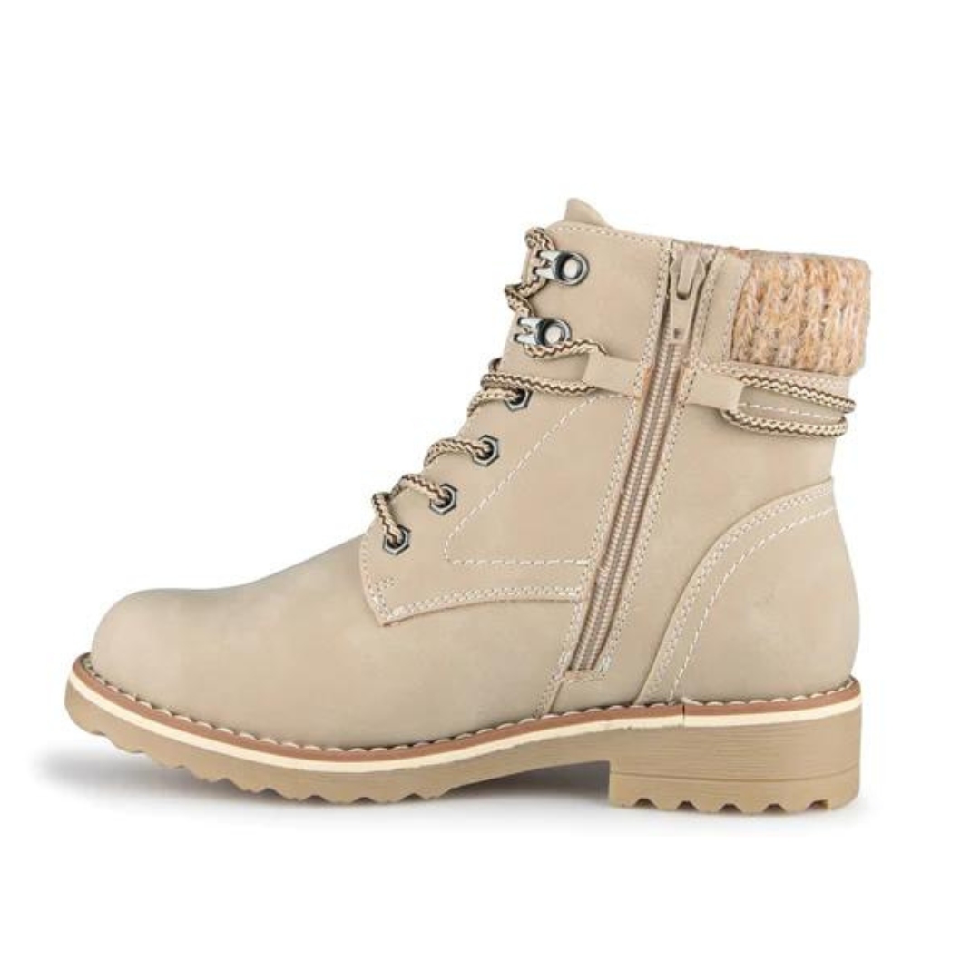 BOTTE D'HIVER ALBERTO BRUXELINA POUR FEMME couleur beige vu de la botte entièrement beige pale de profil gauche