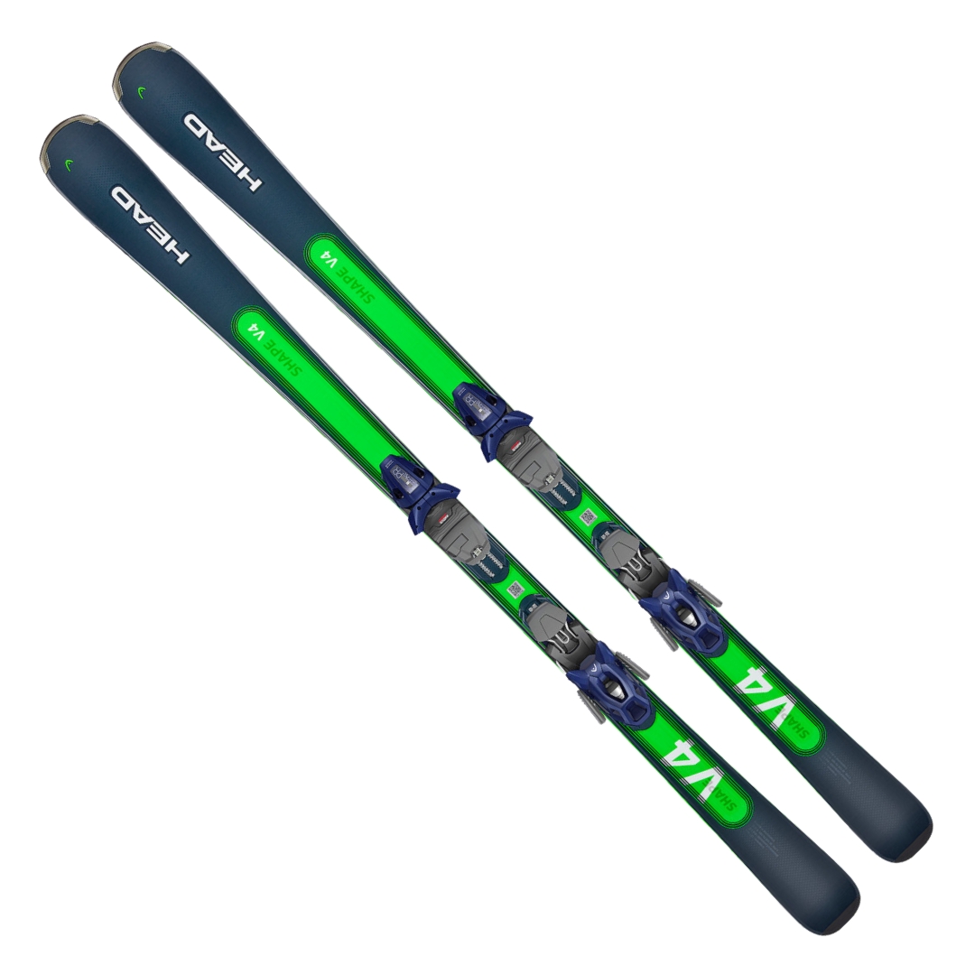 SKI ALPIN HEAD SHAPE V4 VU DES SKIS BLEU ET VERT FLUO DU DESSUS