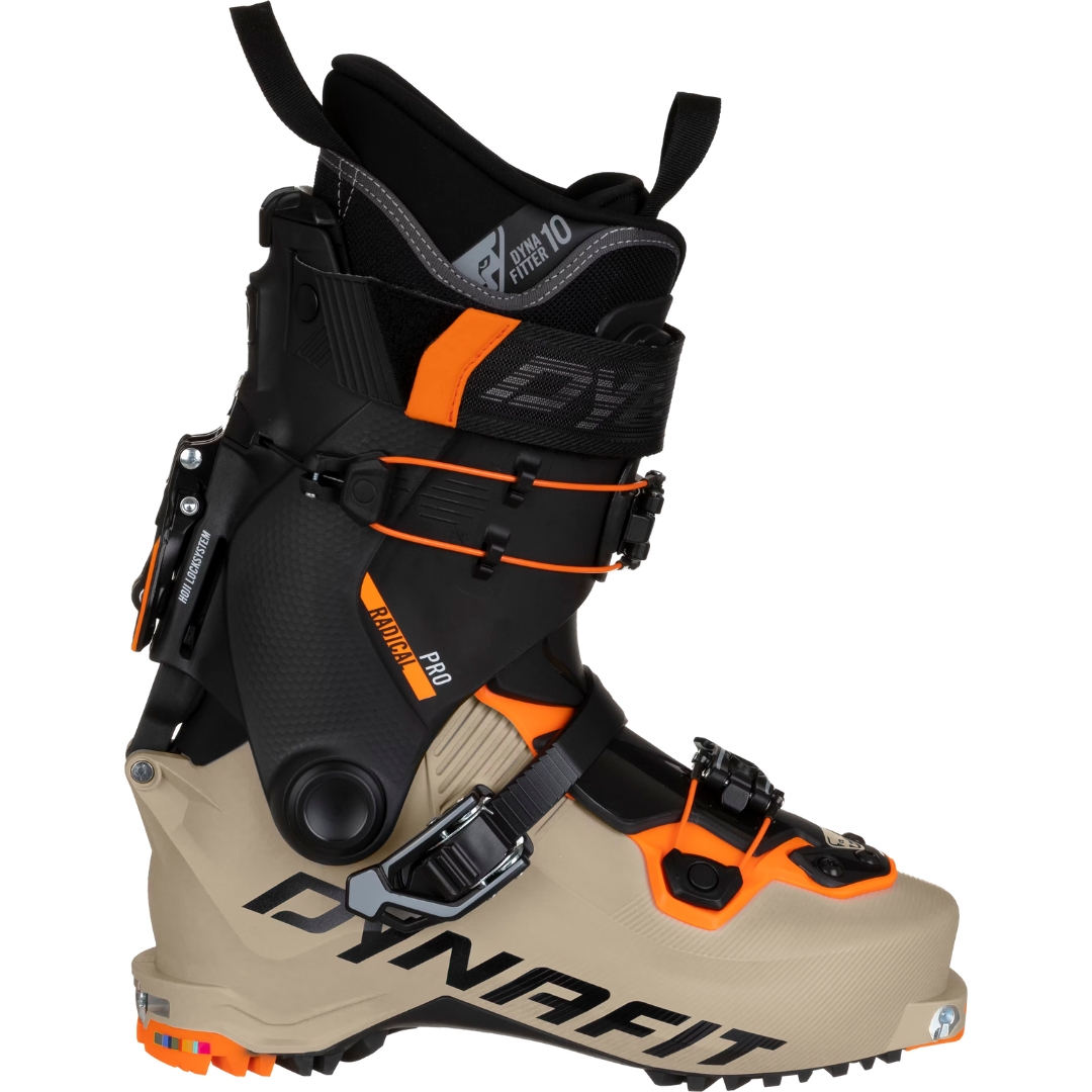 BOTTE DE SKI HAUTE ROUTE DYNAFIT RADICAL PRO POUR HOMME couleur 5262-ROCK KHAKI FLUO ORANGE vue de la botte noire, beige sable et orange de profil droit