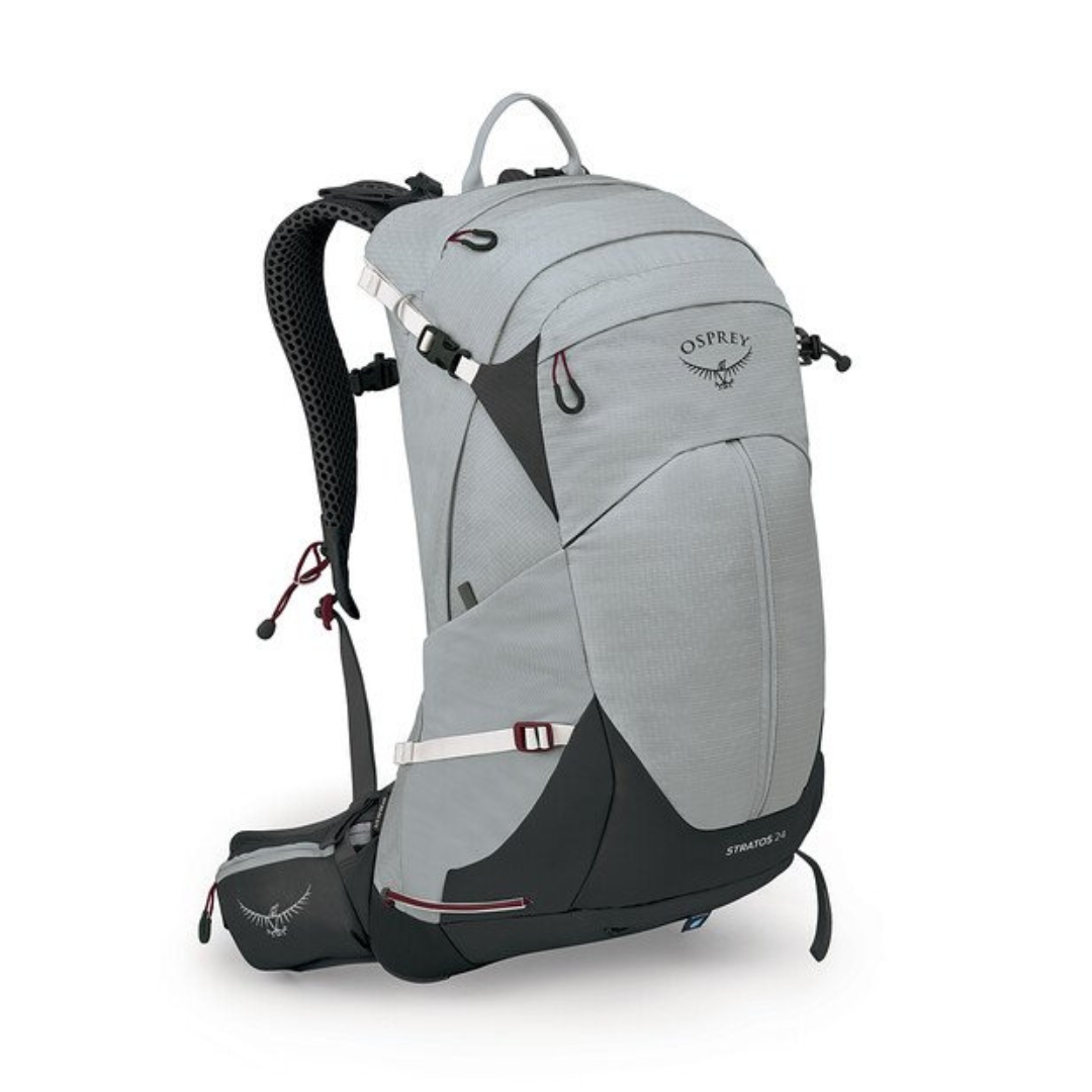 SAC À DOS DE RANDONNÉE OSPREY STRATOS 24 couleur smoke grey vu du sac gris pale de profil avant droit