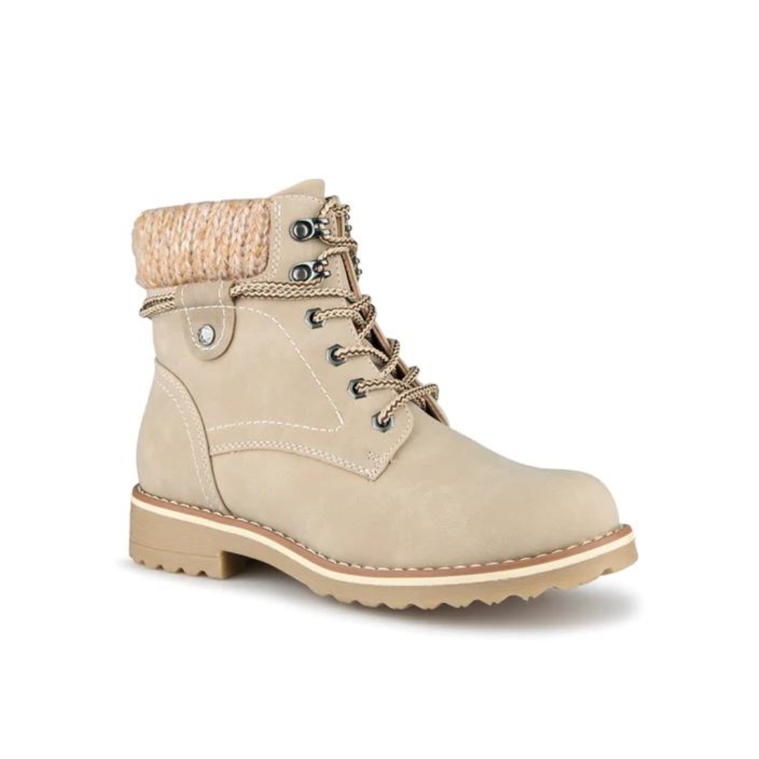 BOTTE D'HIVER ALBERTO BRUXELINA POUR FEMME couleur beige vu de la botte entièrement beige pale de profil avant droit